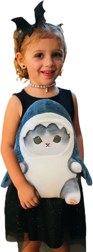 Kawaii Shark Cat Plush Toy Stuffed Animal Doll, Cute Soft Pillow Stress Release Hugs Toys Christmas Halloween Birthday Gifts for Kids Boys Girl Best Gift (Blue - Grey,12 inch)