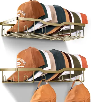 KEETDY Metal Hat Organizer for Baseball Caps Wall Hat Rack Fit 20 Caps Holder, 2 Packs Sturdy Wall Mounted Hat Storage Organizer, Gold