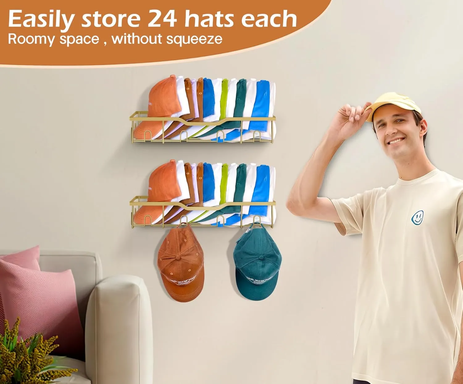 KEETDY Metal Hat Organizer for Baseball Caps Wall Hat Rack Fit 20 Caps Holder, 2 Packs Sturdy Wall Mounted Hat Storage Organizer, Gold