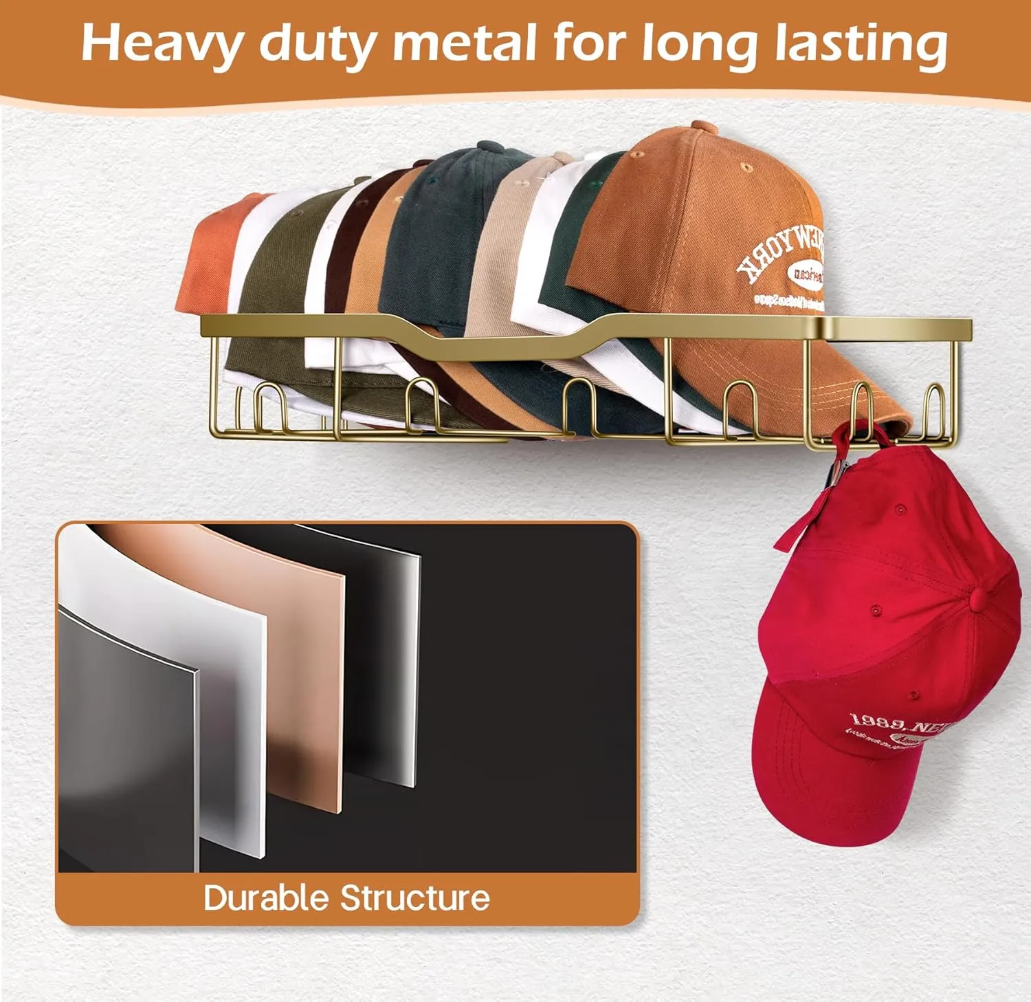 KEETDY Metal Hat Organizer for Baseball Caps Wall Hat Rack Fit 20 Caps Holder, 2 Packs Sturdy Wall Mounted Hat Storage Organizer, Gold