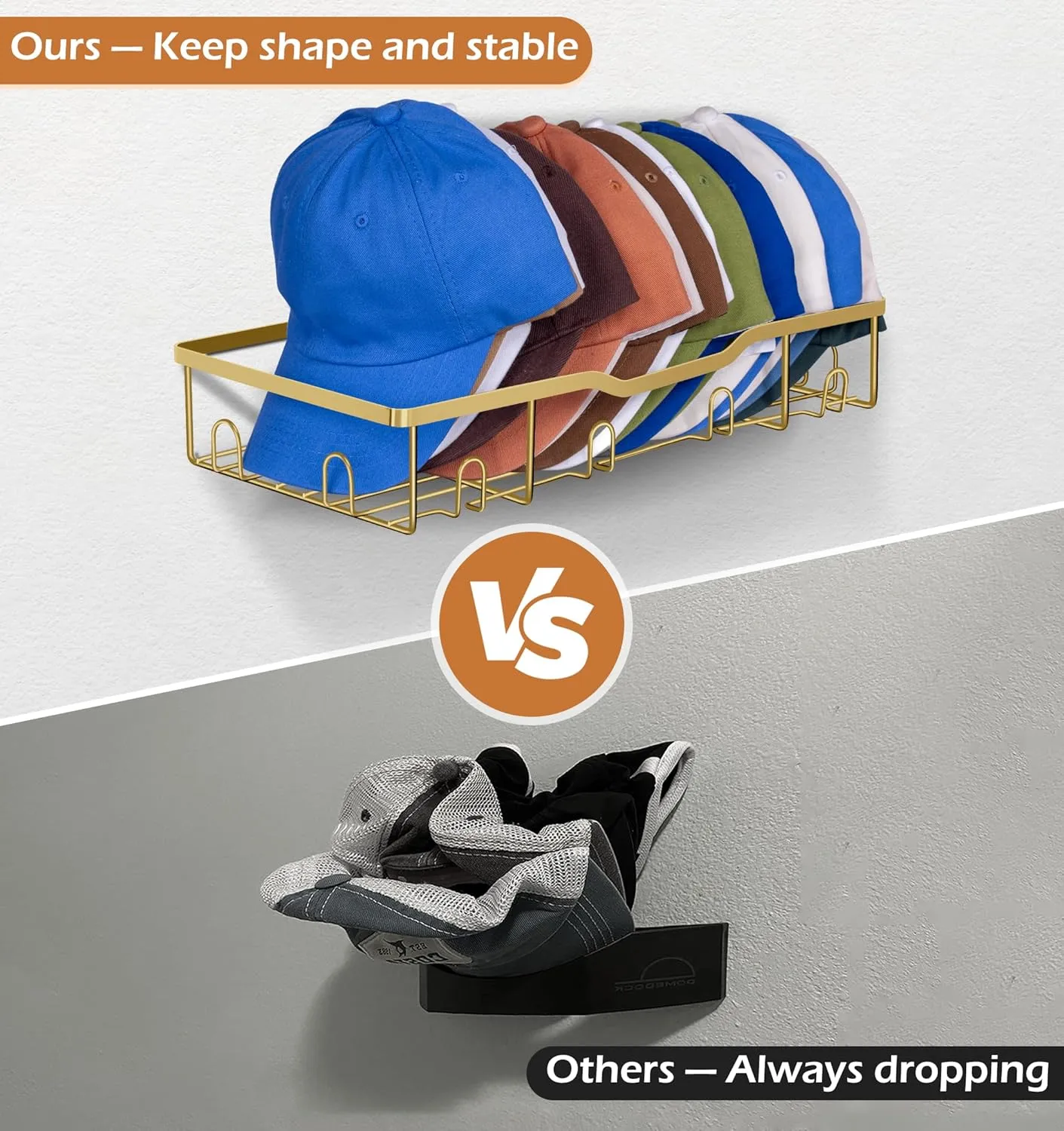 KEETDY Metal Hat Organizer for Baseball Caps Wall Hat Rack Fit 20 Caps Holder, 2 Packs Sturdy Wall Mounted Hat Storage Organizer, Gold