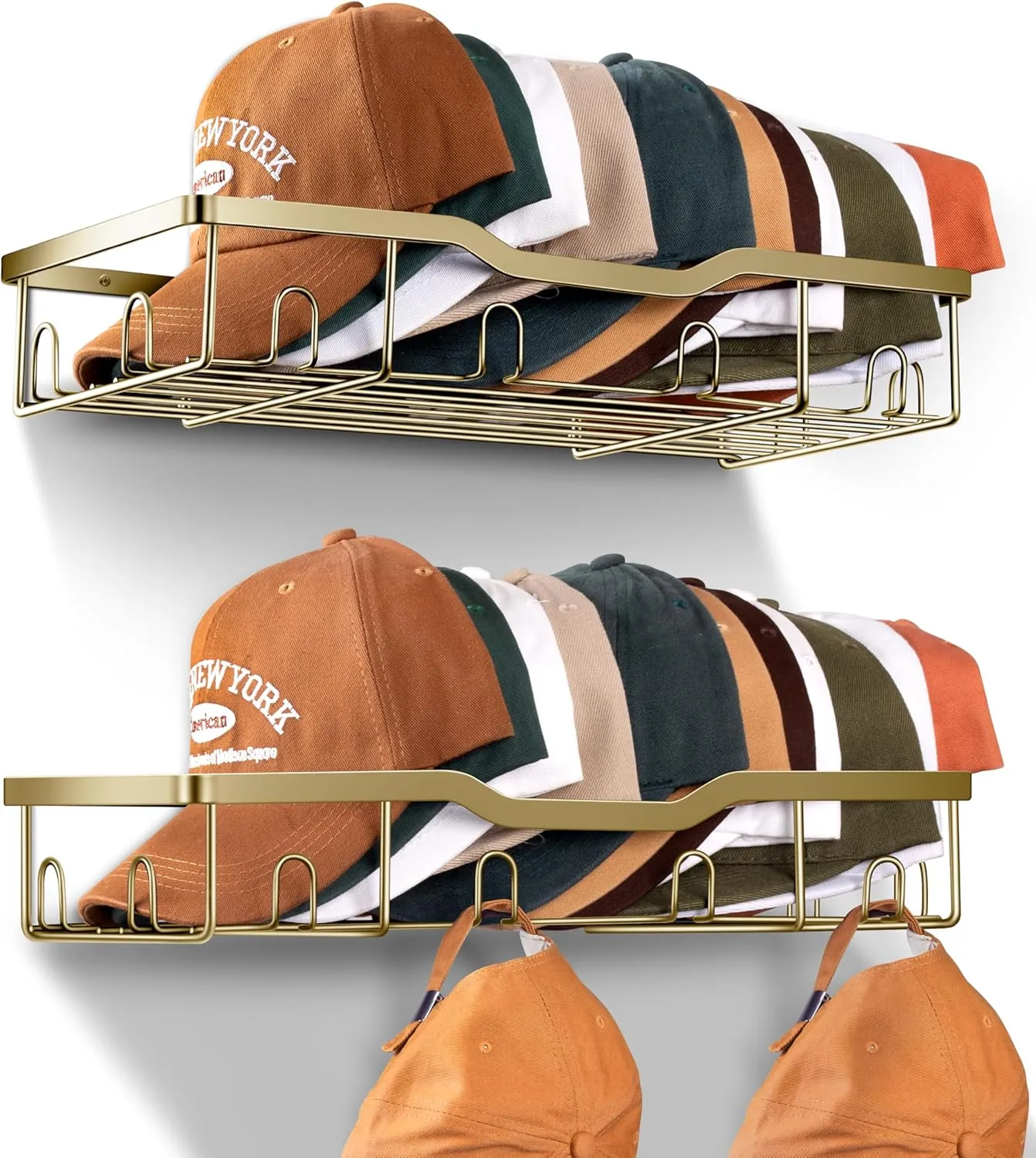 KEETDY Metal Hat Organizer for Baseball Caps Wall Hat Rack Fit 20 Caps Holder, 2 Packs Sturdy Wall Mounted Hat Storage Organizer, Gold