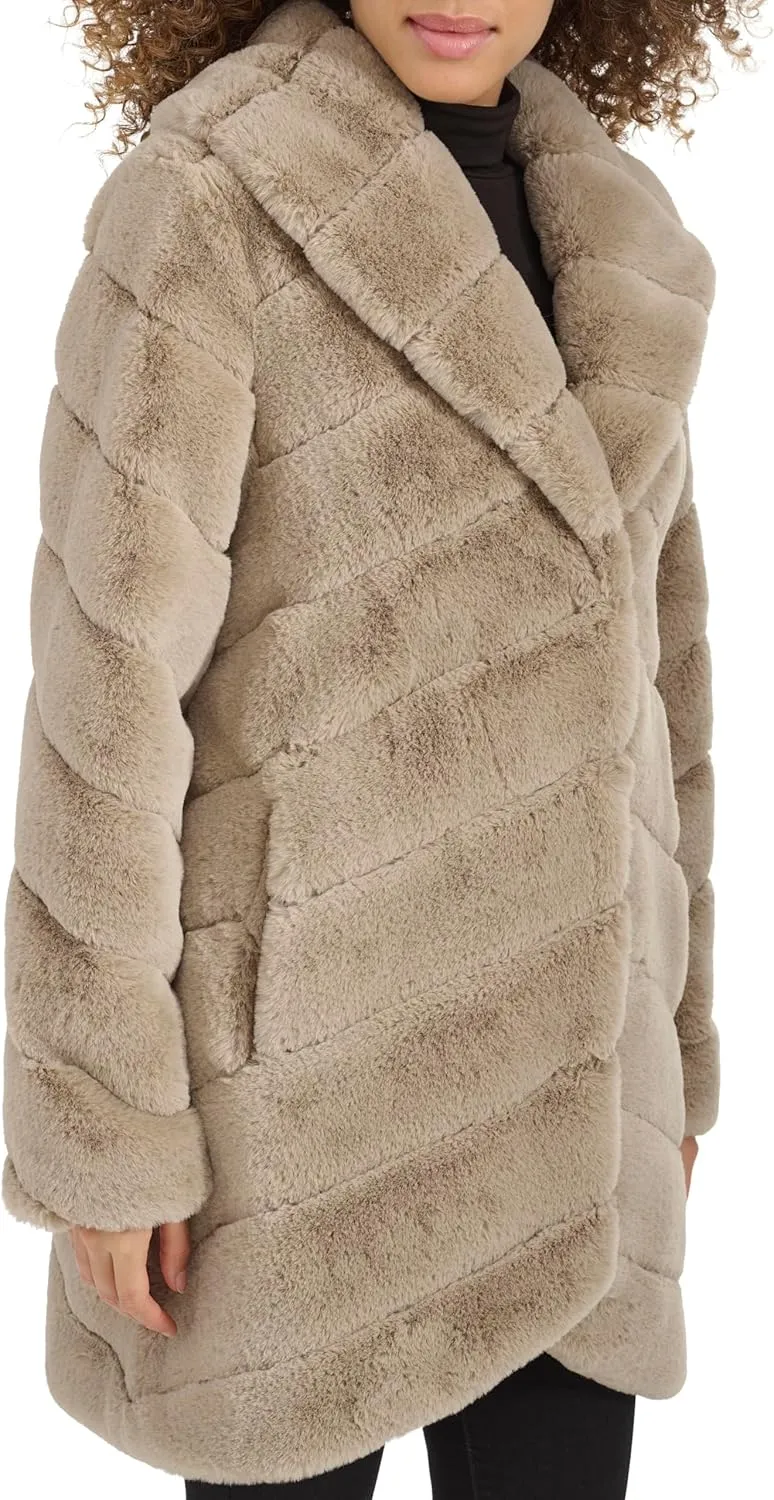 Kenneth Cole Women's Plush Grooved Faux Mink Coat with Shawl Collar