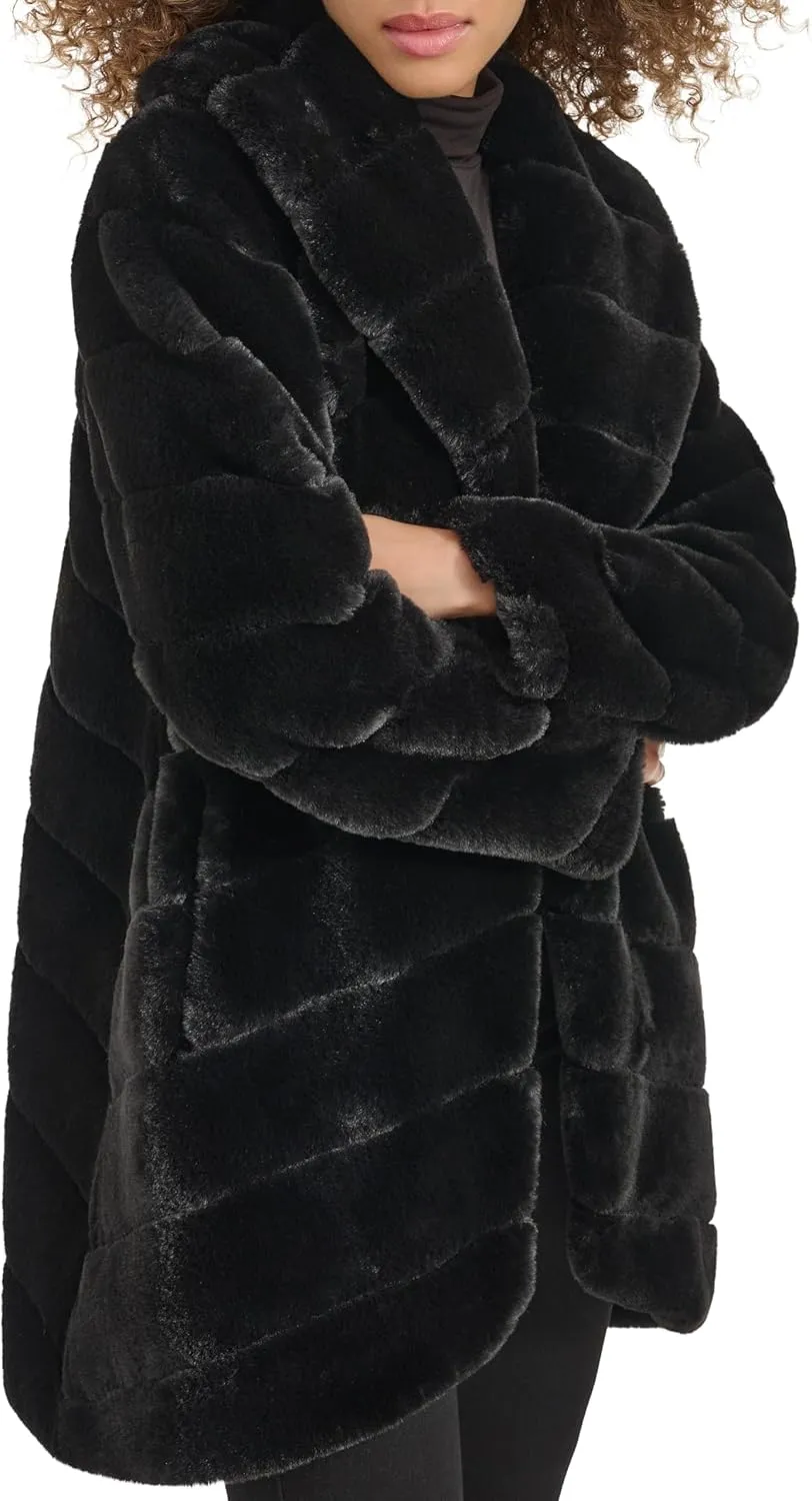 Kenneth Cole Women's Plush Grooved Faux Mink Coat with Shawl Collar