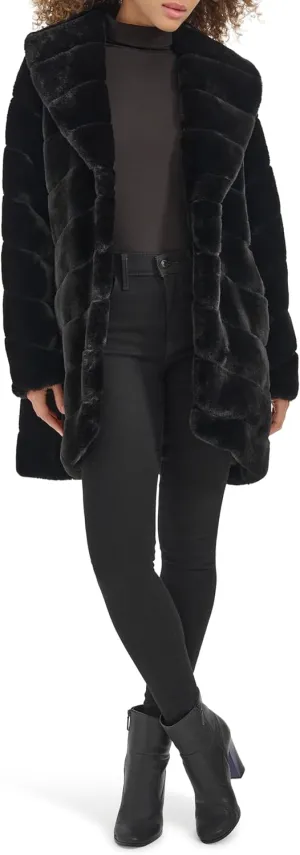 Kenneth Cole Women's Plush Grooved Faux Mink Coat with Shawl Collar