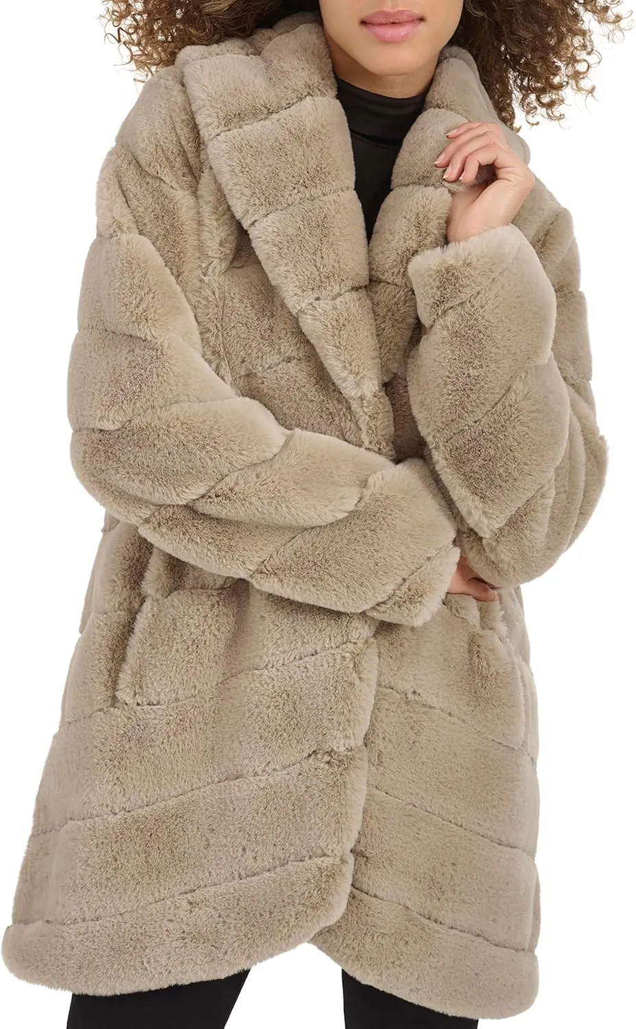 Kenneth Cole Women's Plush Grooved Faux Mink Coat with Shawl Collar