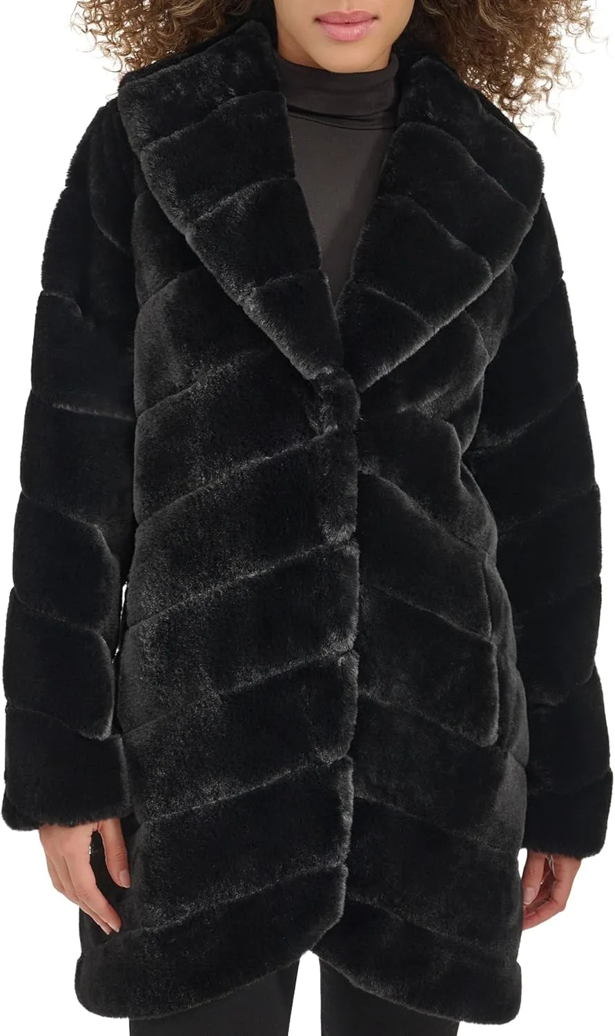 Kenneth Cole Women's Plush Grooved Faux Mink Coat with Shawl Collar