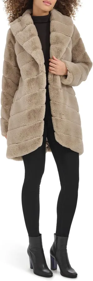 Kenneth Cole Women's Plush Grooved Faux Mink Coat with Shawl Collar