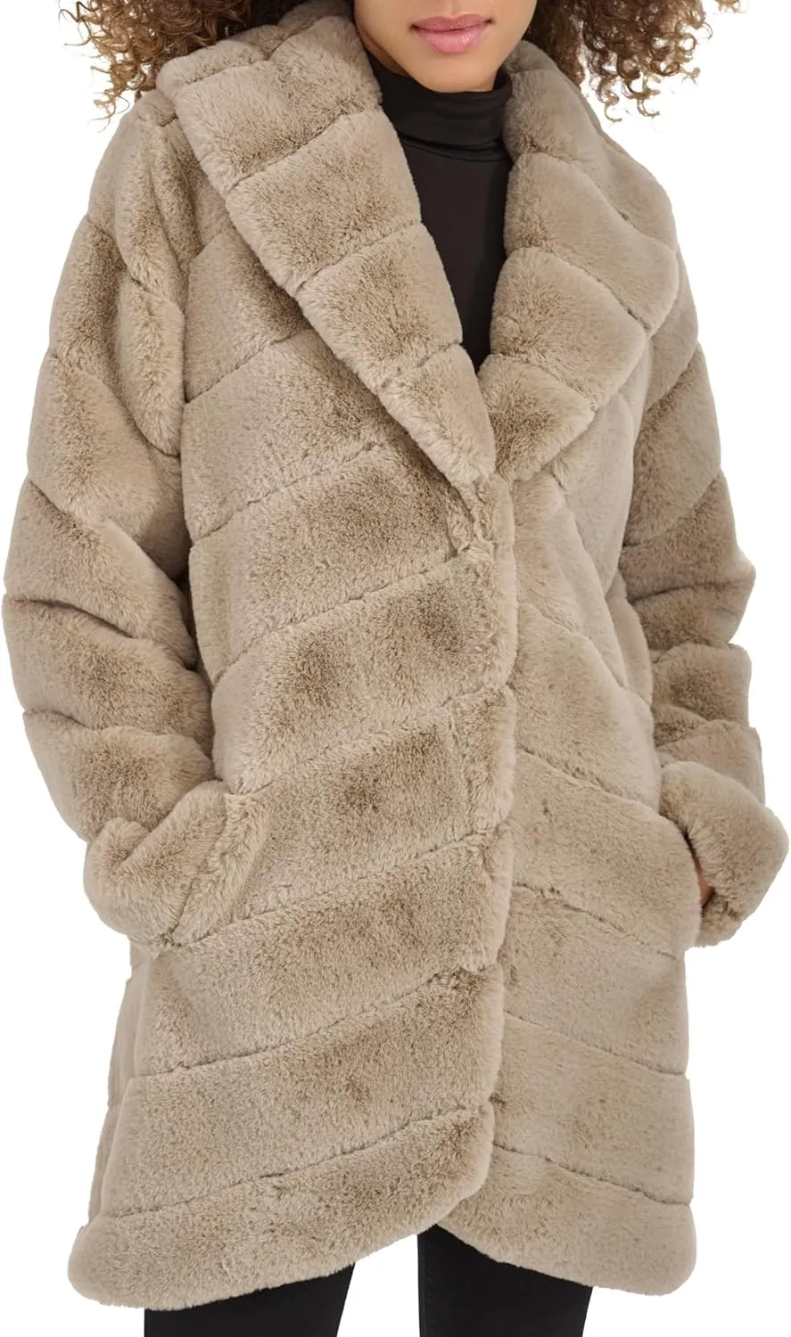 Kenneth Cole Women's Plush Grooved Faux Mink Coat with Shawl Collar