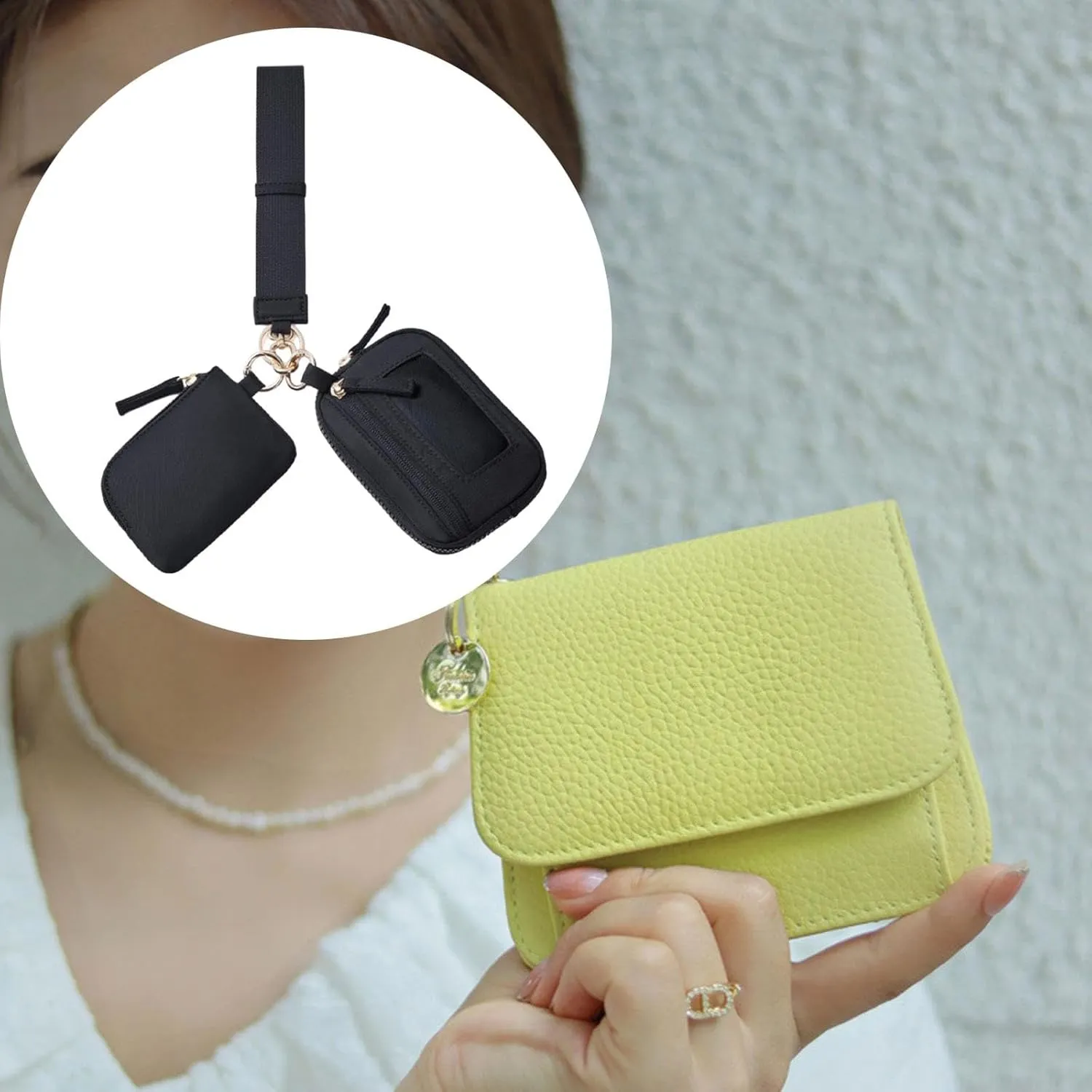 Keychain Wristlet Wallet Double Pouch Key Chain Bag Elegant Women Men Purse for Beach Shopping Holidays Valentines Gift Travel, Black
