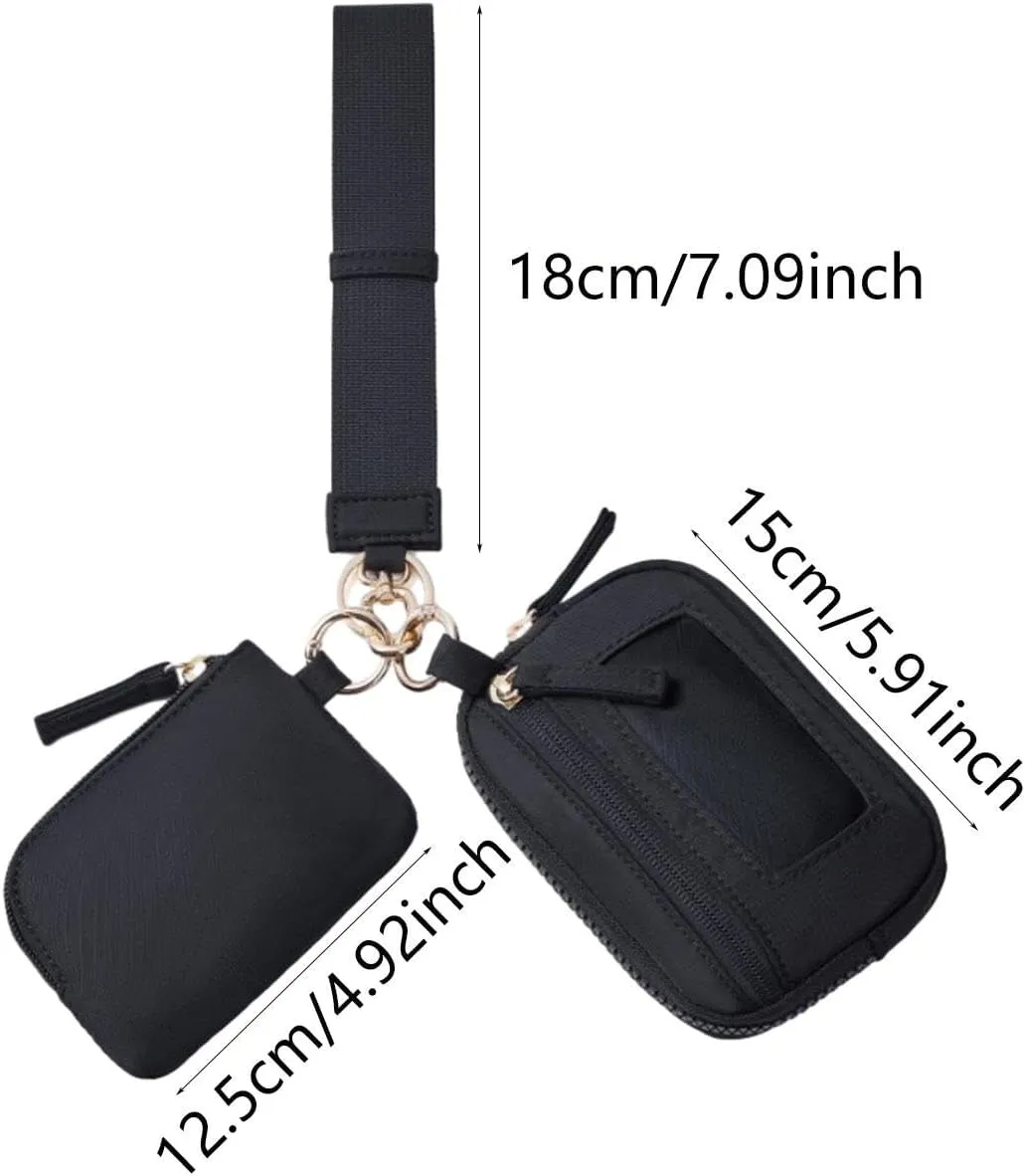 Keychain Wristlet Wallet Double Pouch Key Chain Bag Elegant Women Men Purse for Beach Shopping Holidays Valentines Gift Travel, Black