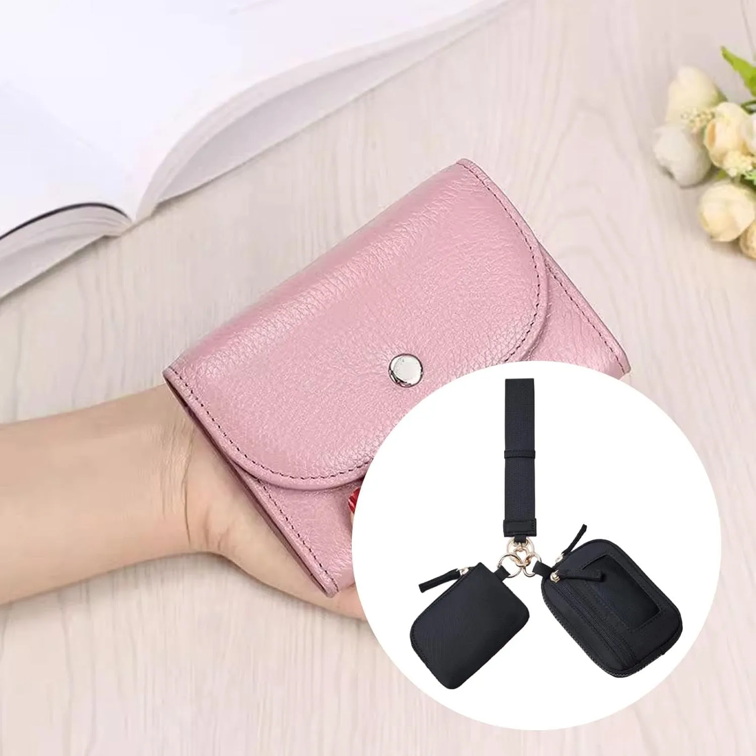 Keychain Wristlet Wallet Double Pouch Key Chain Bag Elegant Women Men Purse for Beach Shopping Holidays Valentines Gift Travel, Black