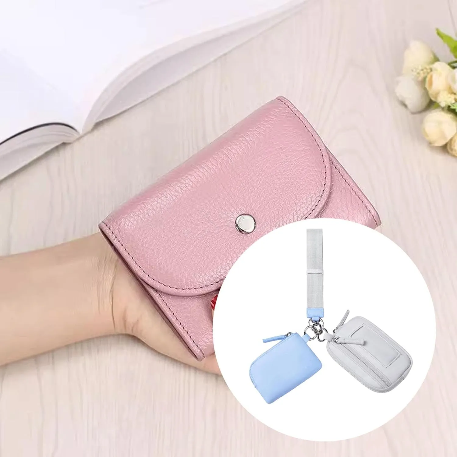 Keychain Wristlet Wallet Double Pouch Key Chain Bag Elegant Women Men Purse for Beach Shopping Holidays Valentines Gift Travel, Blue Gray