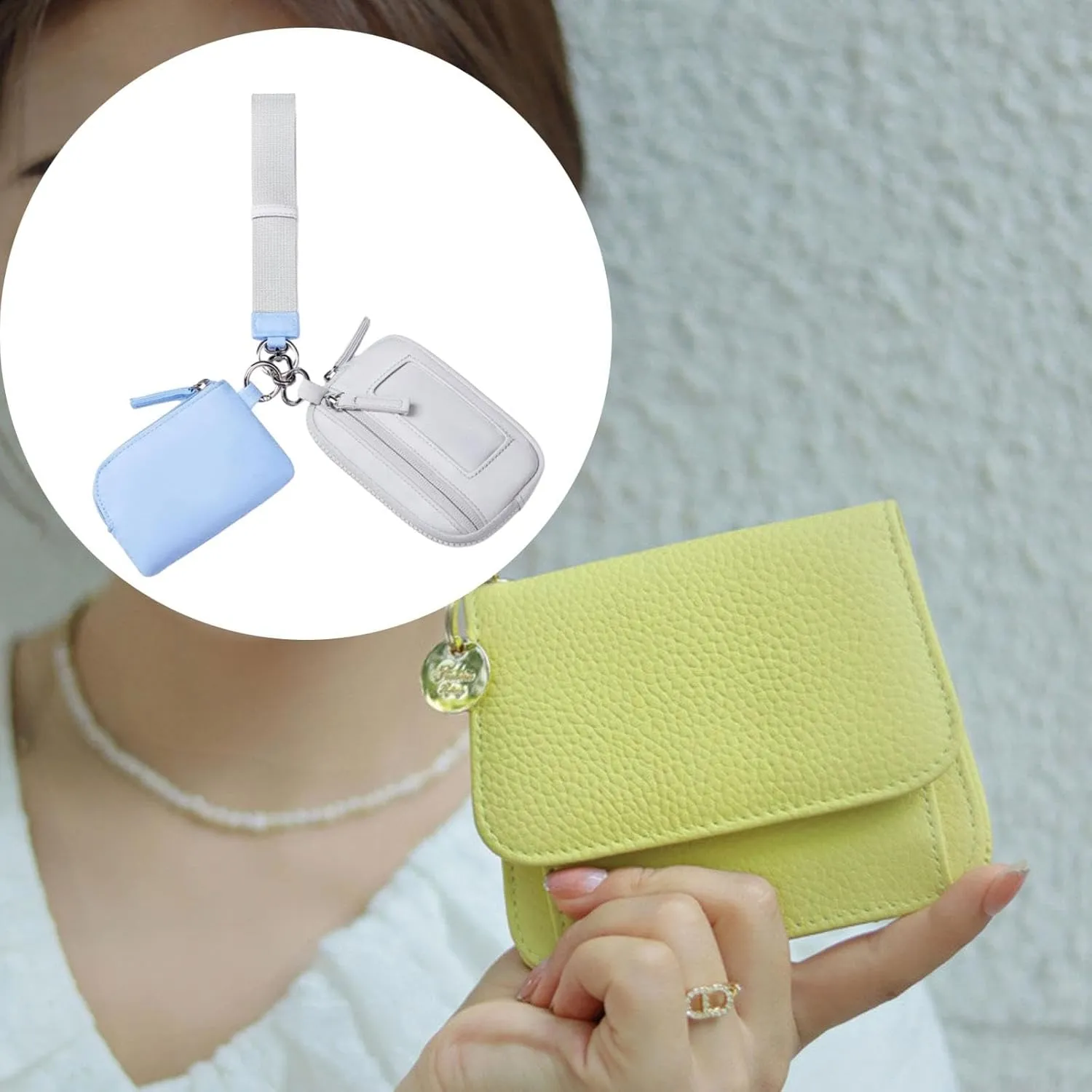 Keychain Wristlet Wallet Double Pouch Key Chain Bag Elegant Women Men Purse for Beach Shopping Holidays Valentines Gift Travel, Blue Gray