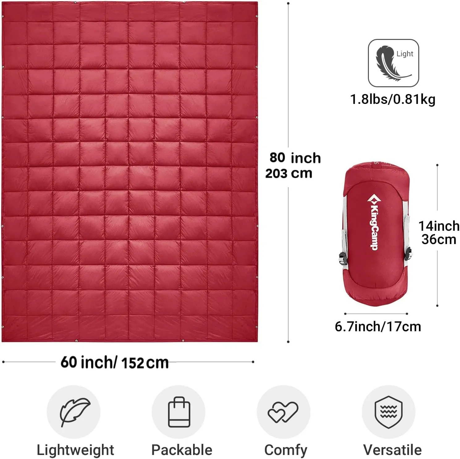 KingCamp Down Camping Blanket - Lightweight, Multifunctional Quilt for Camping with Snap Button, Portable for Stadium, Travel, Airplane, Picnic, Indoor & Outdoor, Provides Warmth