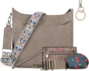 KITATU Vegan Leather Crossbody Bags for Women Hobo Shoulder Handbag with 2 Adjustable Guitar Straps 3Pcs Purse and Wallet Set