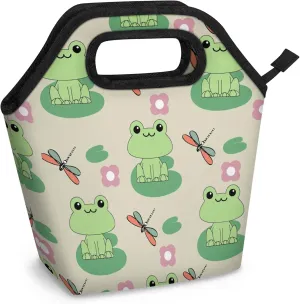 KOBLEN Froggy Pond Portable Insulated Lunch Bag for Adults, Oxford Thermal Food Tote Leakproof Reusable Meal Bag for Picnic, Hiking, Travel (7.5x4.7x11.2 Inch)