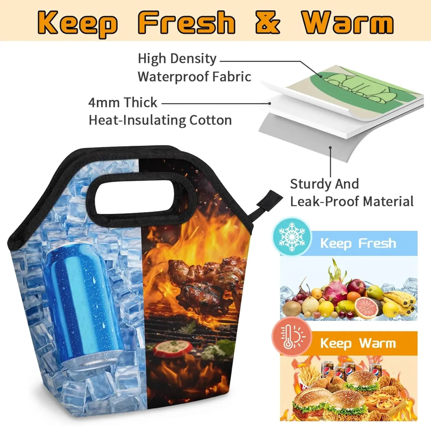 KOBLEN Froggy Pond Portable Insulated Lunch Bag for Adults, Oxford Thermal Food Tote Leakproof Reusable Meal Bag for Picnic, Hiking, Travel (7.5x4.7x11.2 Inch)