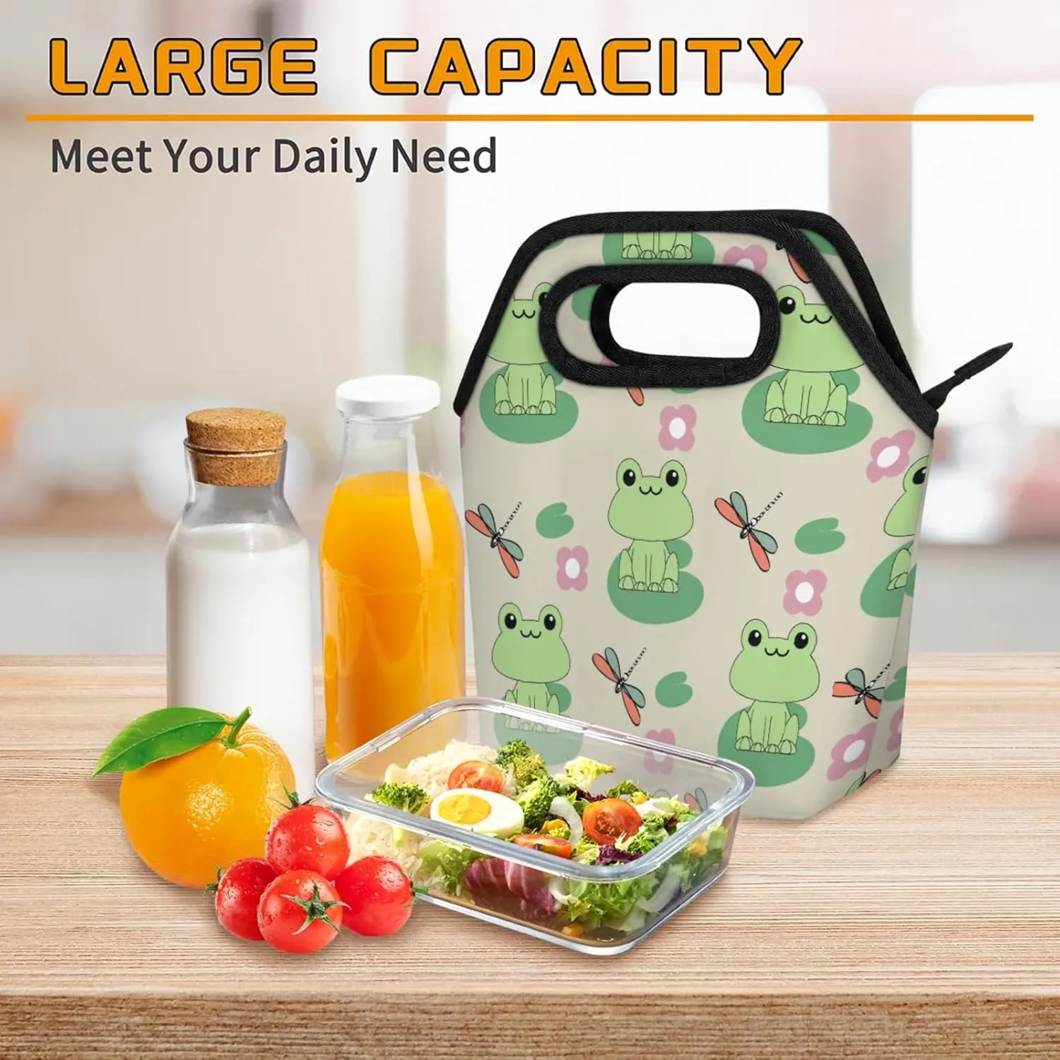 KOBLEN Froggy Pond Portable Insulated Lunch Bag for Adults, Oxford Thermal Food Tote Leakproof Reusable Meal Bag for Picnic, Hiking, Travel (7.5x4.7x11.2 Inch)