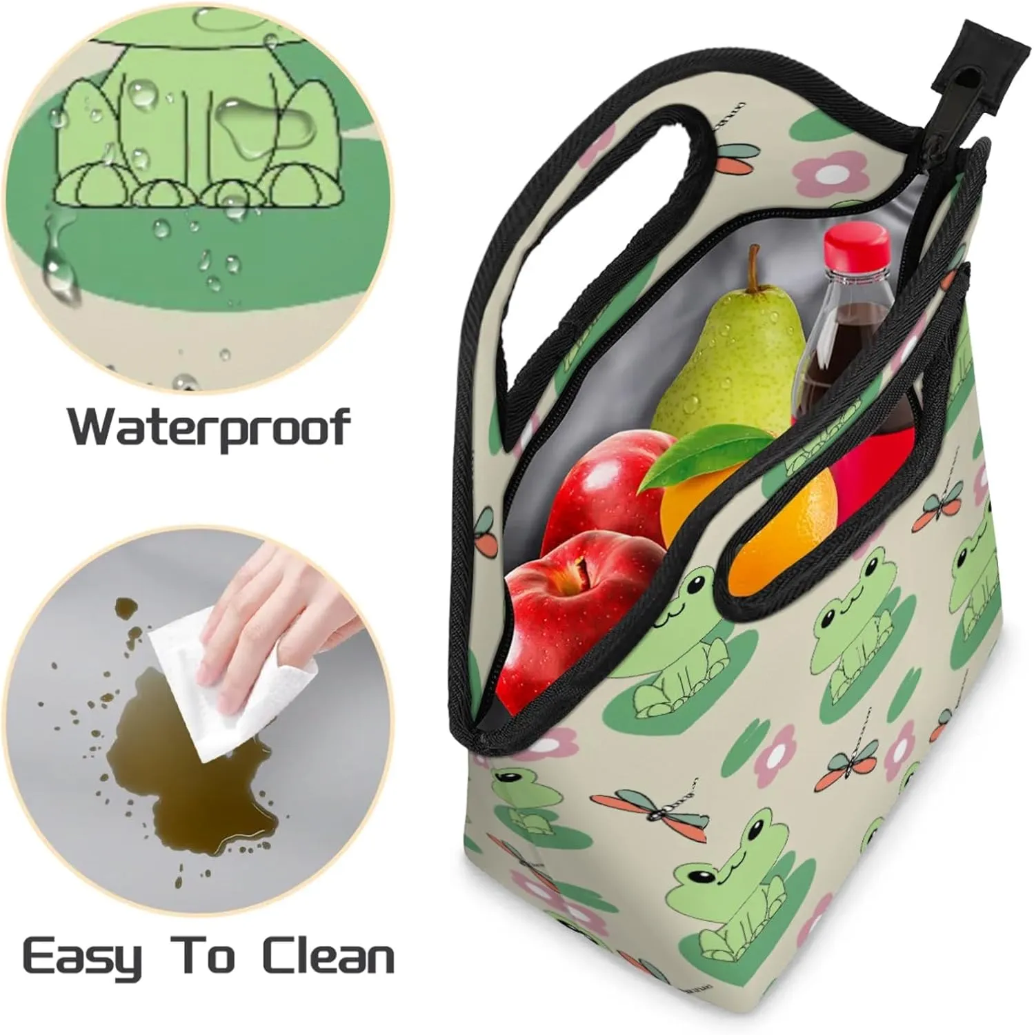 KOBLEN Froggy Pond Portable Insulated Lunch Bag for Adults, Oxford Thermal Food Tote Leakproof Reusable Meal Bag for Picnic, Hiking, Travel (7.5x4.7x11.2 Inch)