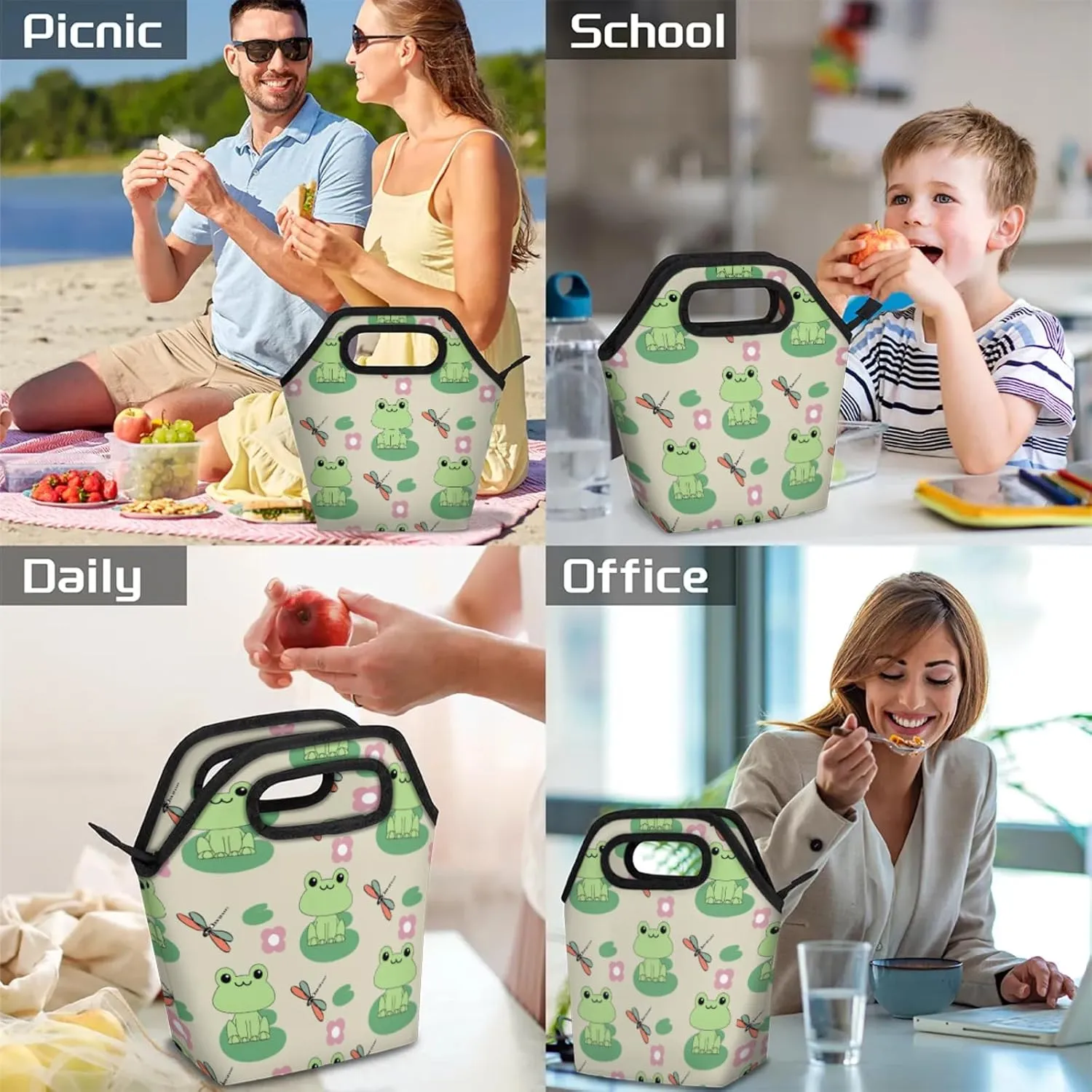 KOBLEN Froggy Pond Portable Insulated Lunch Bag for Adults, Oxford Thermal Food Tote Leakproof Reusable Meal Bag for Picnic, Hiking, Travel (7.5x4.7x11.2 Inch)
