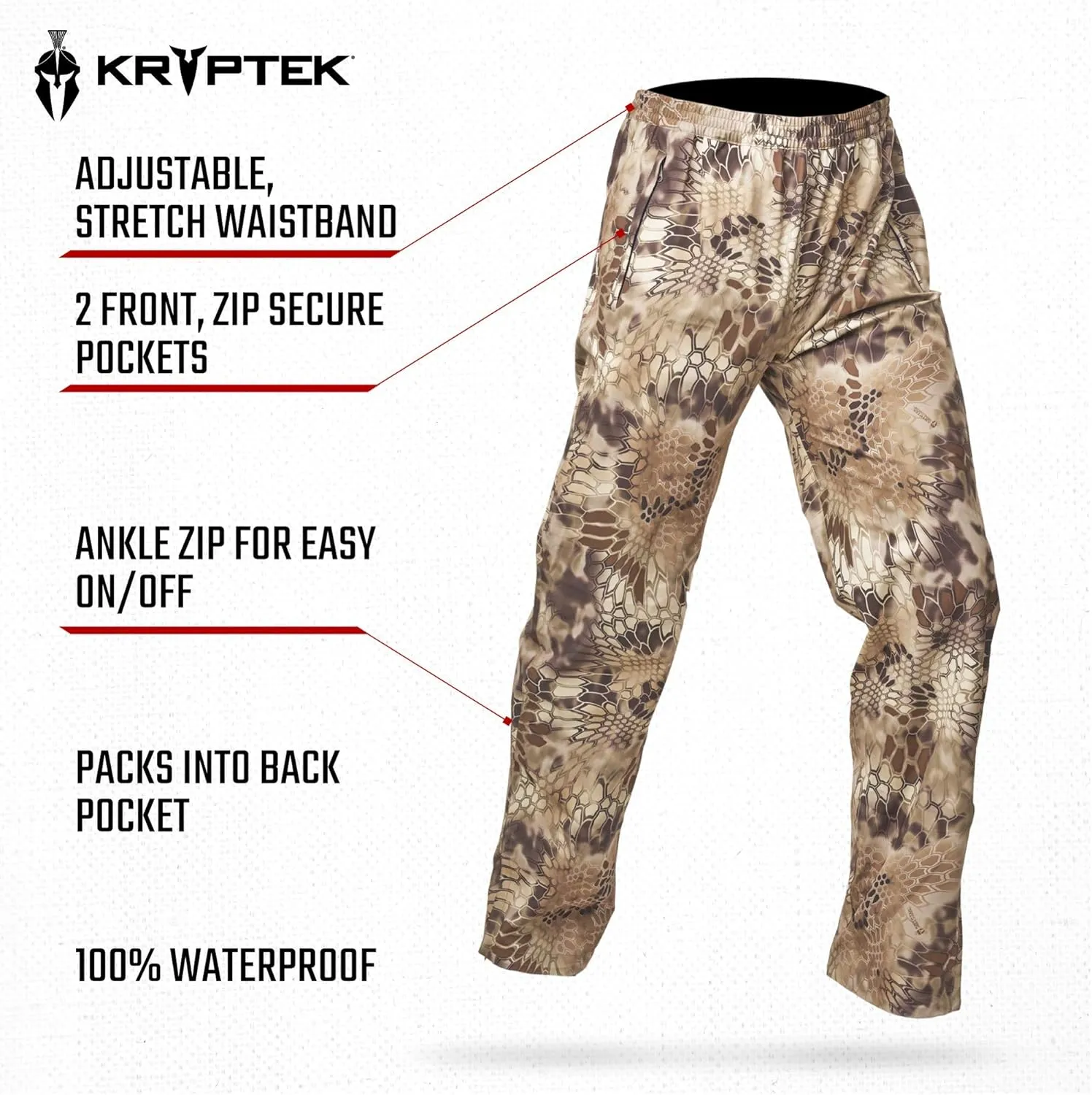 Kryptek Men’s Jupiter Waterproof, Breathable, Packable Camo Pant