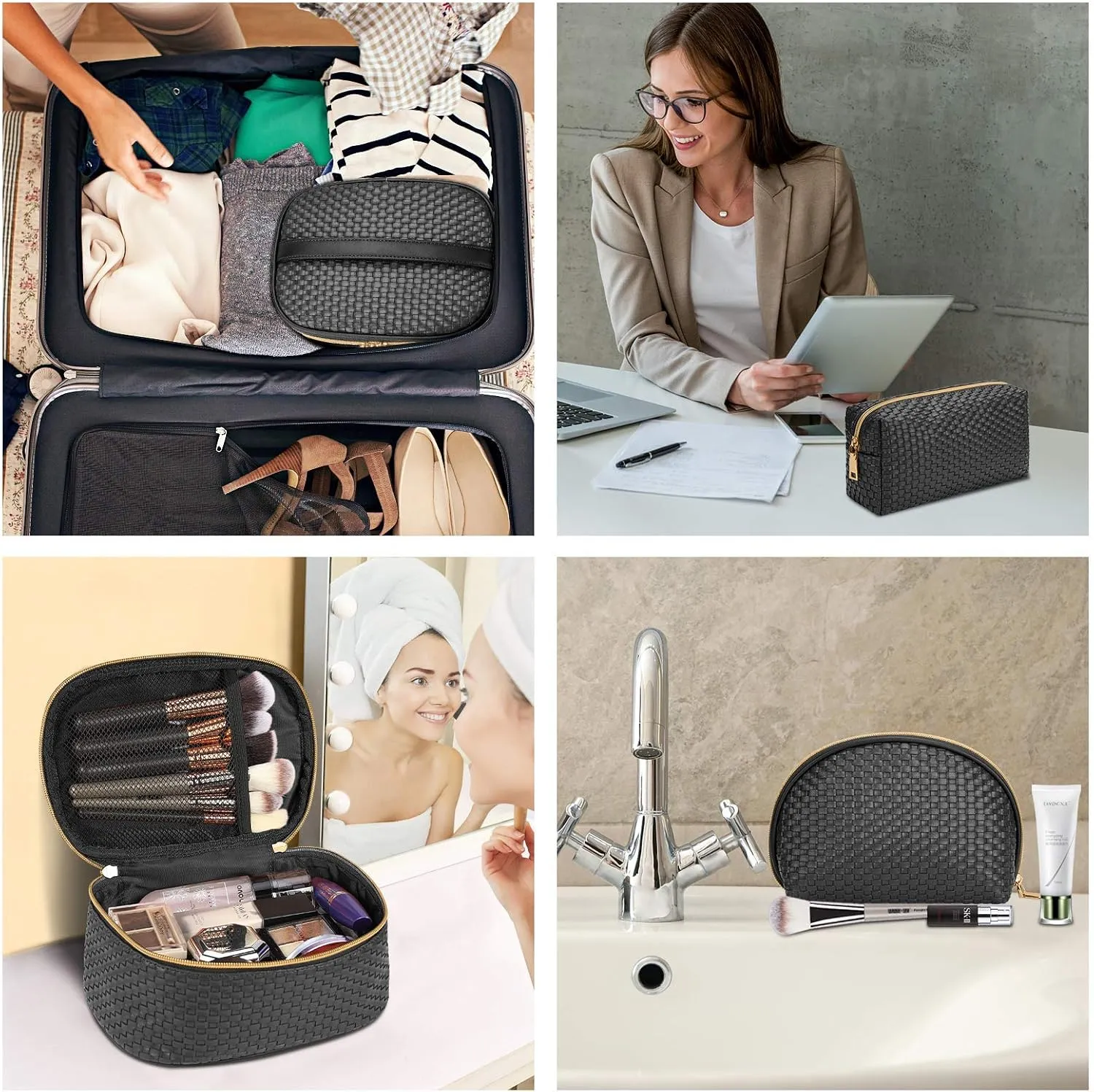 KTMOUW Makeup Bag 3 Pcs waterproof Cosmetic Bag Portable Travel Cosmetic Bag Weave Organizer storage bag (Black)