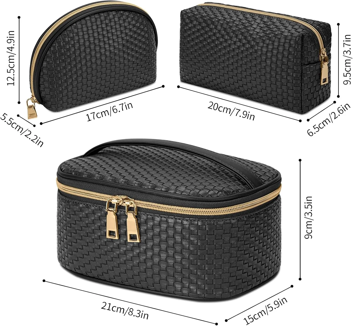 KTMOUW Makeup Bag 3 Pcs waterproof Cosmetic Bag Portable Travel Cosmetic Bag Weave Organizer storage bag (Black)