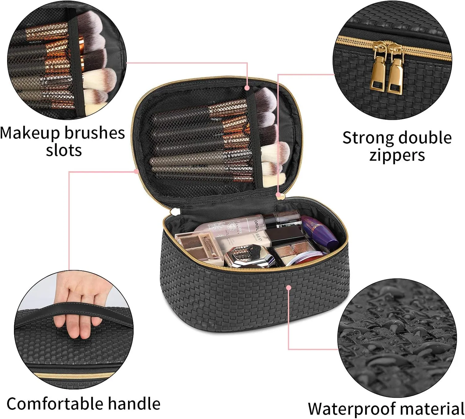 KTMOUW Makeup Bag 3 Pcs waterproof Cosmetic Bag Portable Travel Cosmetic Bag Weave Organizer storage bag (Black)