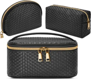 KTMOUW Makeup Bag 3 Pcs waterproof Cosmetic Bag Portable Travel Cosmetic Bag Weave Organizer storage bag (Black)