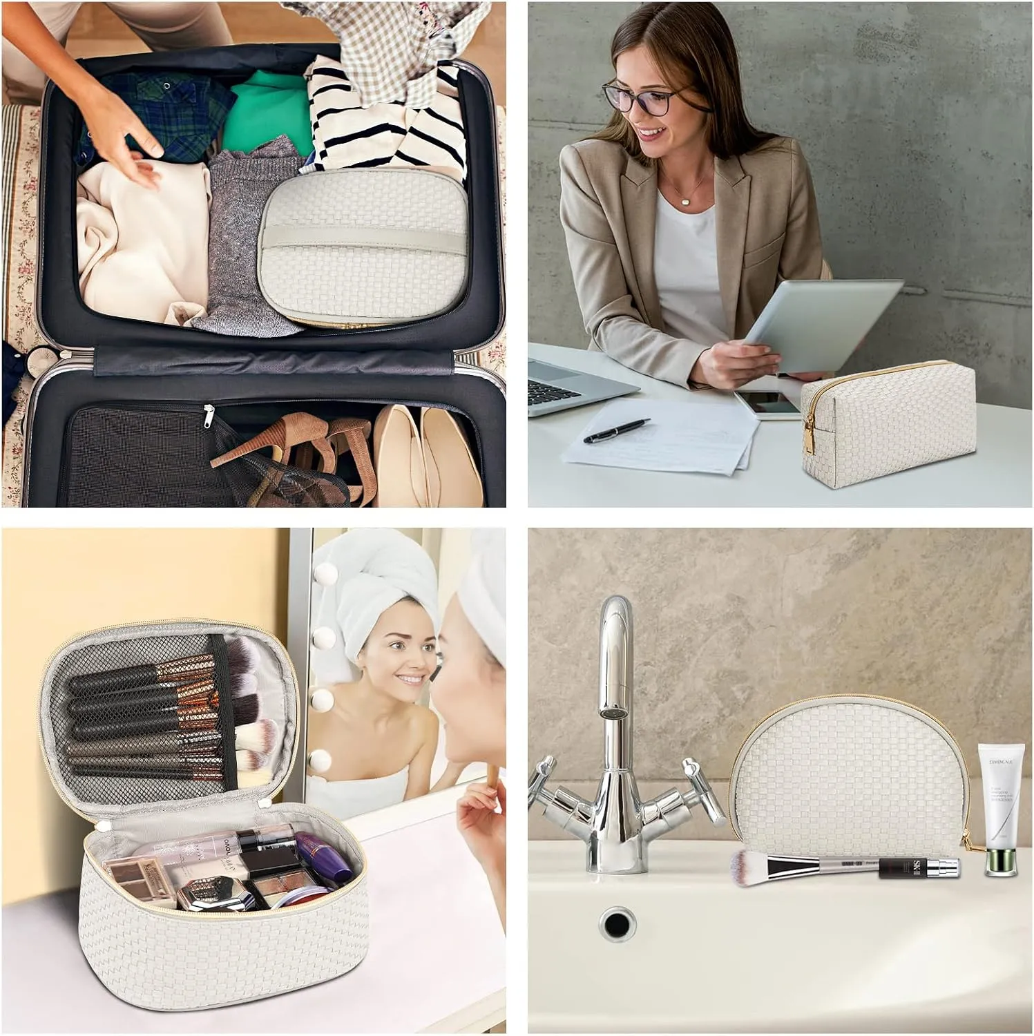 KTMOUW Makeup Bag 3 Pcs Waterproof Cosmetic Bag Set Portable Travel Cosmetic Bag Multifunction Organizer Storage Bag Weave Toiletry Bag for Women, Beige