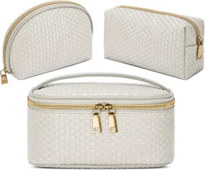 KTMOUW Makeup Bag 3 Pcs Waterproof Cosmetic Bag Set Portable Travel Cosmetic Bag Multifunction Organizer Storage Bag Weave Toiletry Bag for Women, Beige