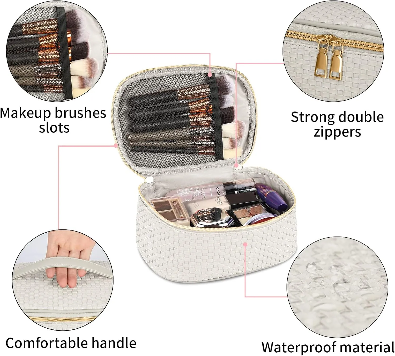 KTMOUW Makeup Bag 3 Pcs Waterproof Cosmetic Bag Set Portable Travel Cosmetic Bag Multifunction Organizer Storage Bag Weave Toiletry Bag for Women, Beige
