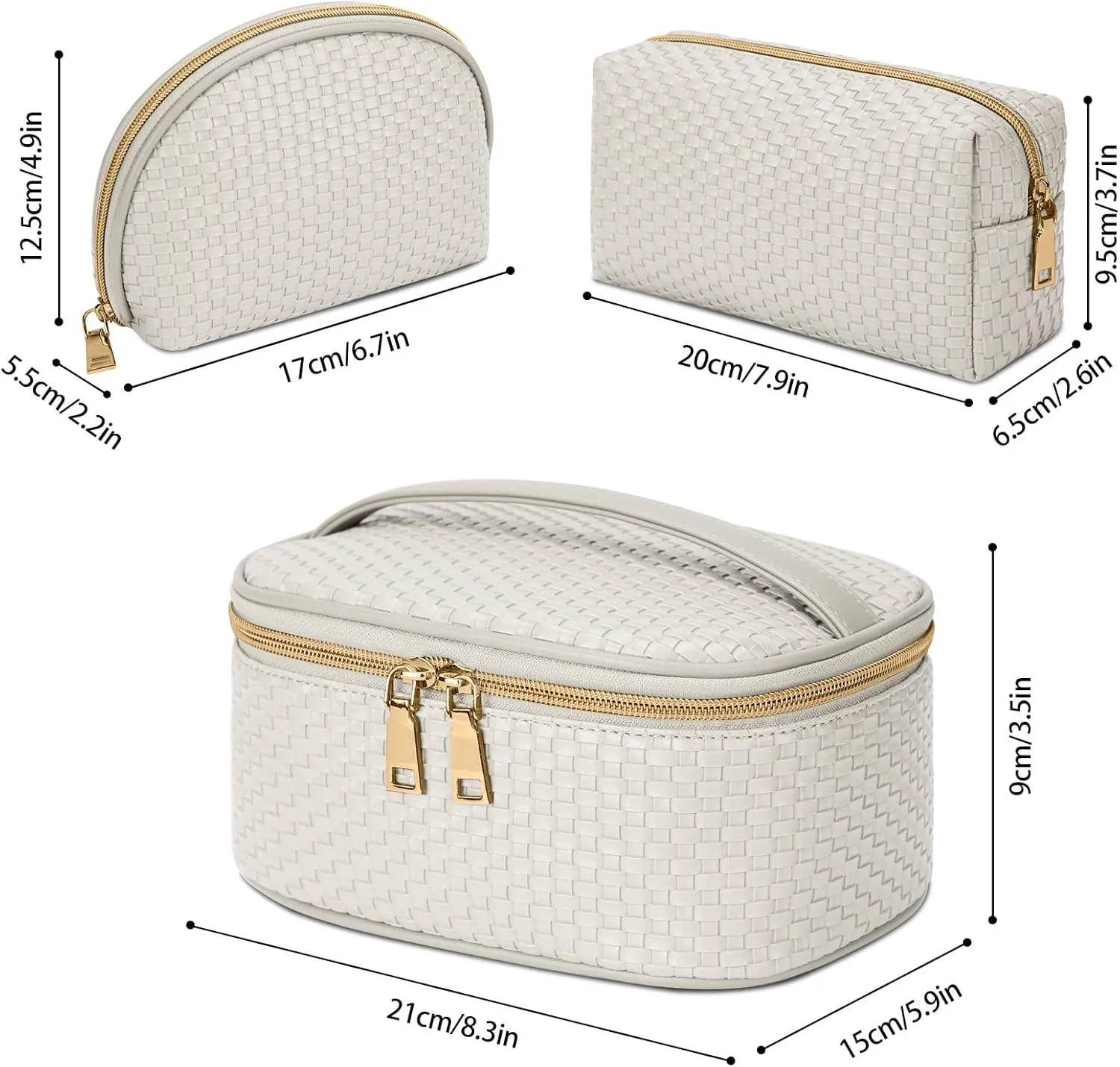 KTMOUW Makeup Bag 3 Pcs Waterproof Cosmetic Bag Set Portable Travel Cosmetic Bag Multifunction Organizer Storage Bag Weave Toiletry Bag for Women, Beige
