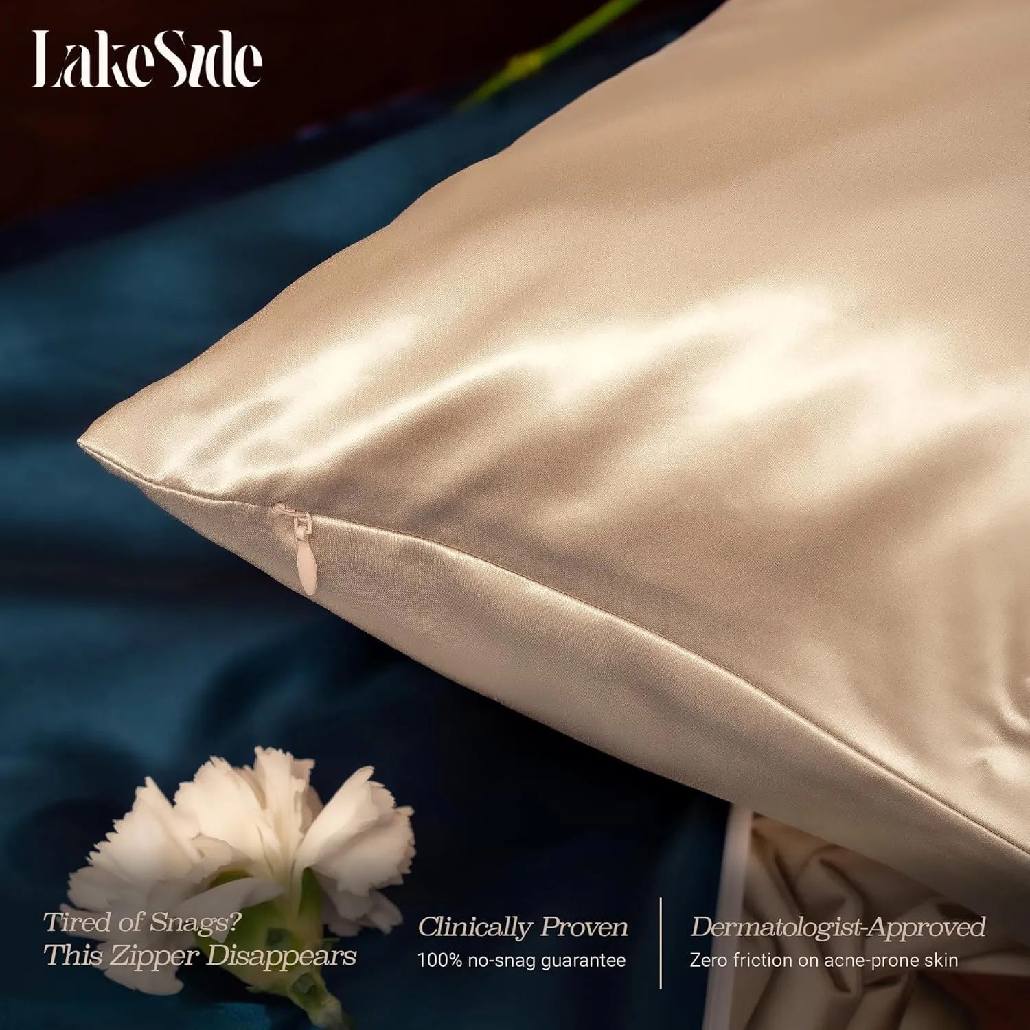 Lakeside Silk 100% Pure Mulberry Silk Pillowcase - 22 Momme 6A Grade - Nighttime Skincare & Hair Care Hydrating Pillow Cover - Sponge Wash Bag Included - Best Gift (Afterglow, Queen (20"x30"))