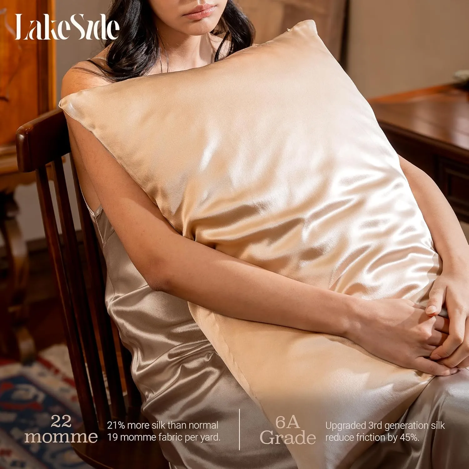 Lakeside Silk 100% Pure Mulberry Silk Pillowcase - 22 Momme 6A Grade - Nighttime Skincare & Hair Care Hydrating Pillow Cover - Sponge Wash Bag Included - Best Gift (Afterglow, Queen (20"x30"))