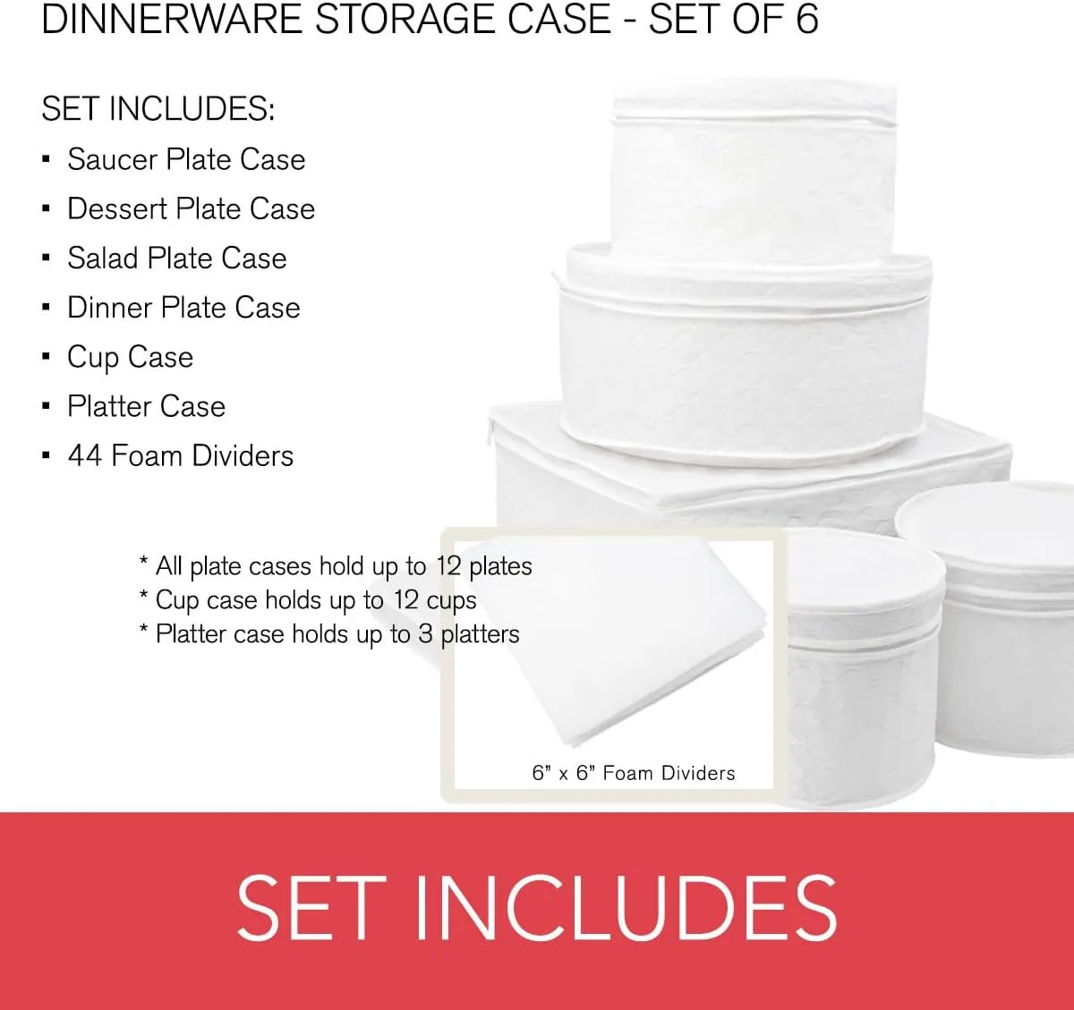 LAMINET 6 Piece Quilted Dinnerware Storage Starter Set - Includes 4 Plate Cases, 1 Cup Case & Platter Case - WHITE