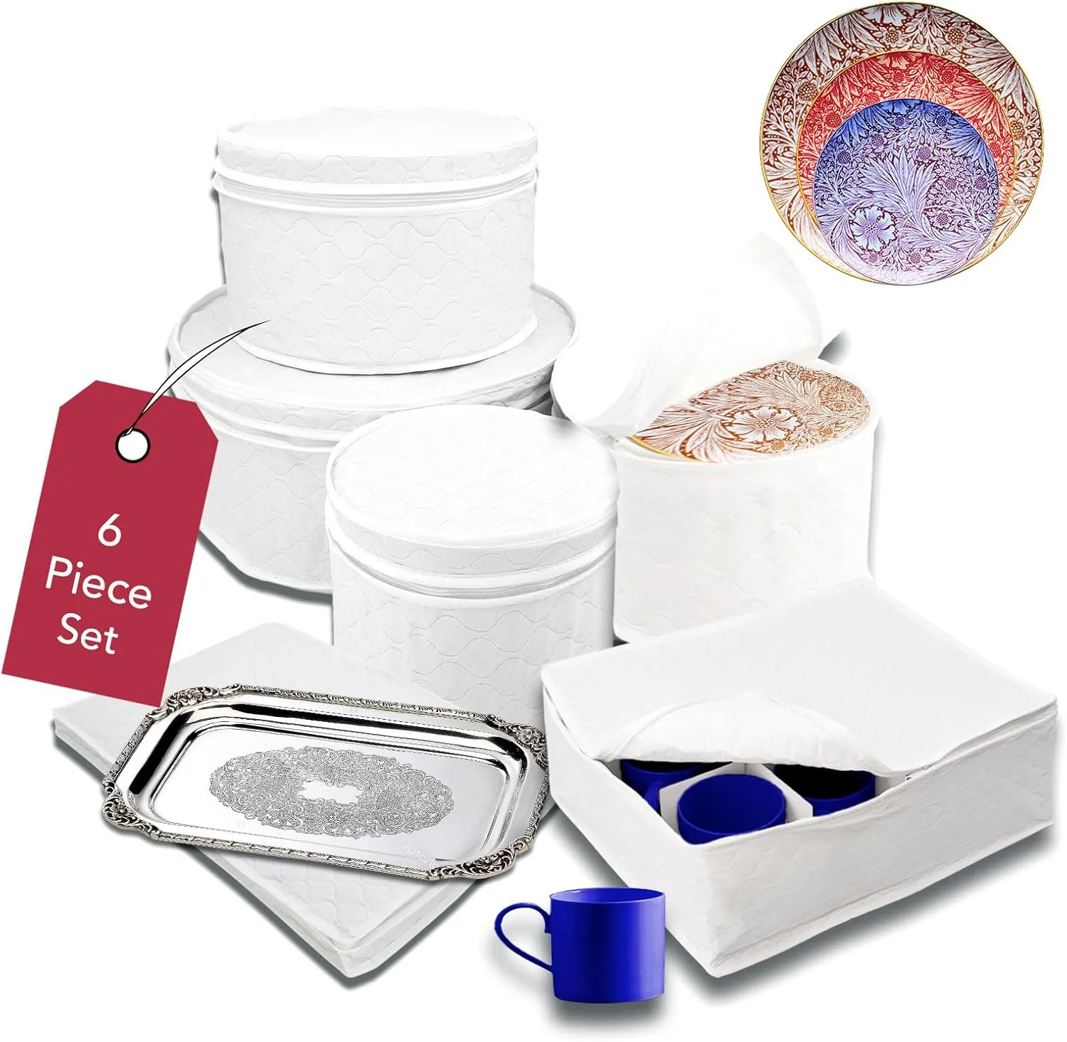 LAMINET 6 Piece Quilted Dinnerware Storage Starter Set - Includes 4 Plate Cases, 1 Cup Case & Platter Case - WHITE