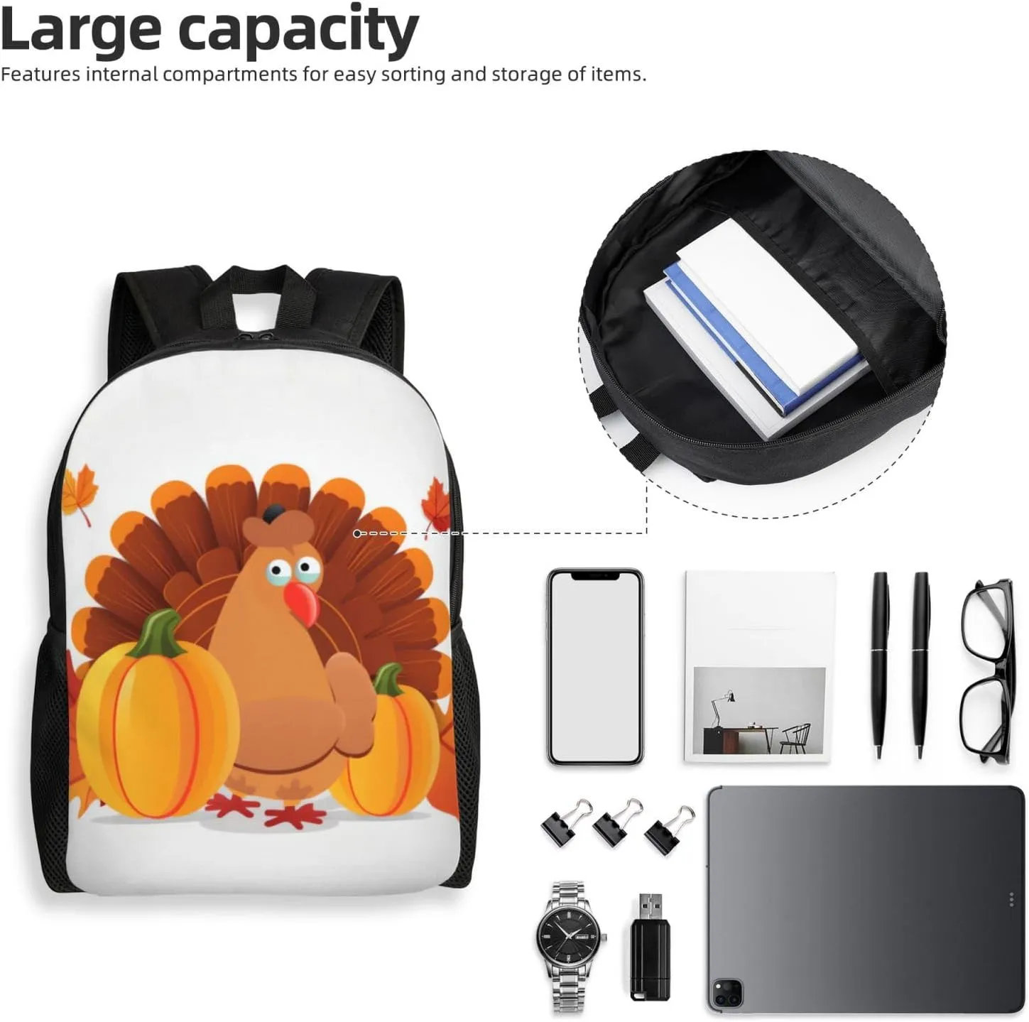 Laptop Backpack for Men Women Carry On Backpack Happy Thanksgiving Turkey Pumpkin Backpack Lightweight Travel Bag Casual Daypack
