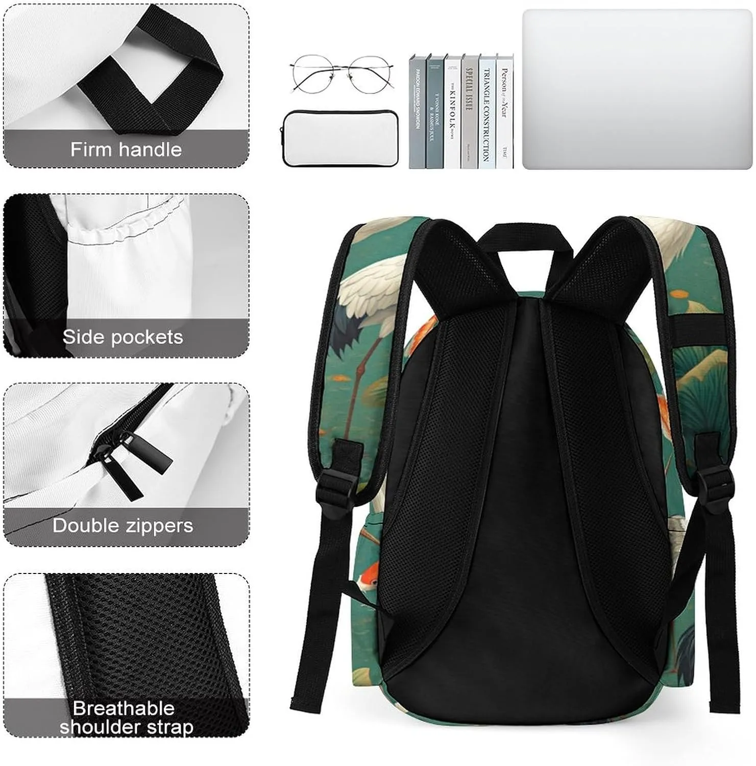 Laptop Backpack for Men Women Japanese Cranes Koi Travel Work Backpack with Compartment Large Capacity Waterplants Dragonflies Daypack Business Work Bag