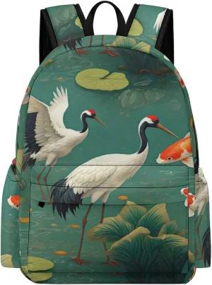 Laptop Backpack for Men Women Japanese Cranes Koi Travel Work Backpack with Compartment Large Capacity Waterplants Dragonflies Daypack Business Work Bag