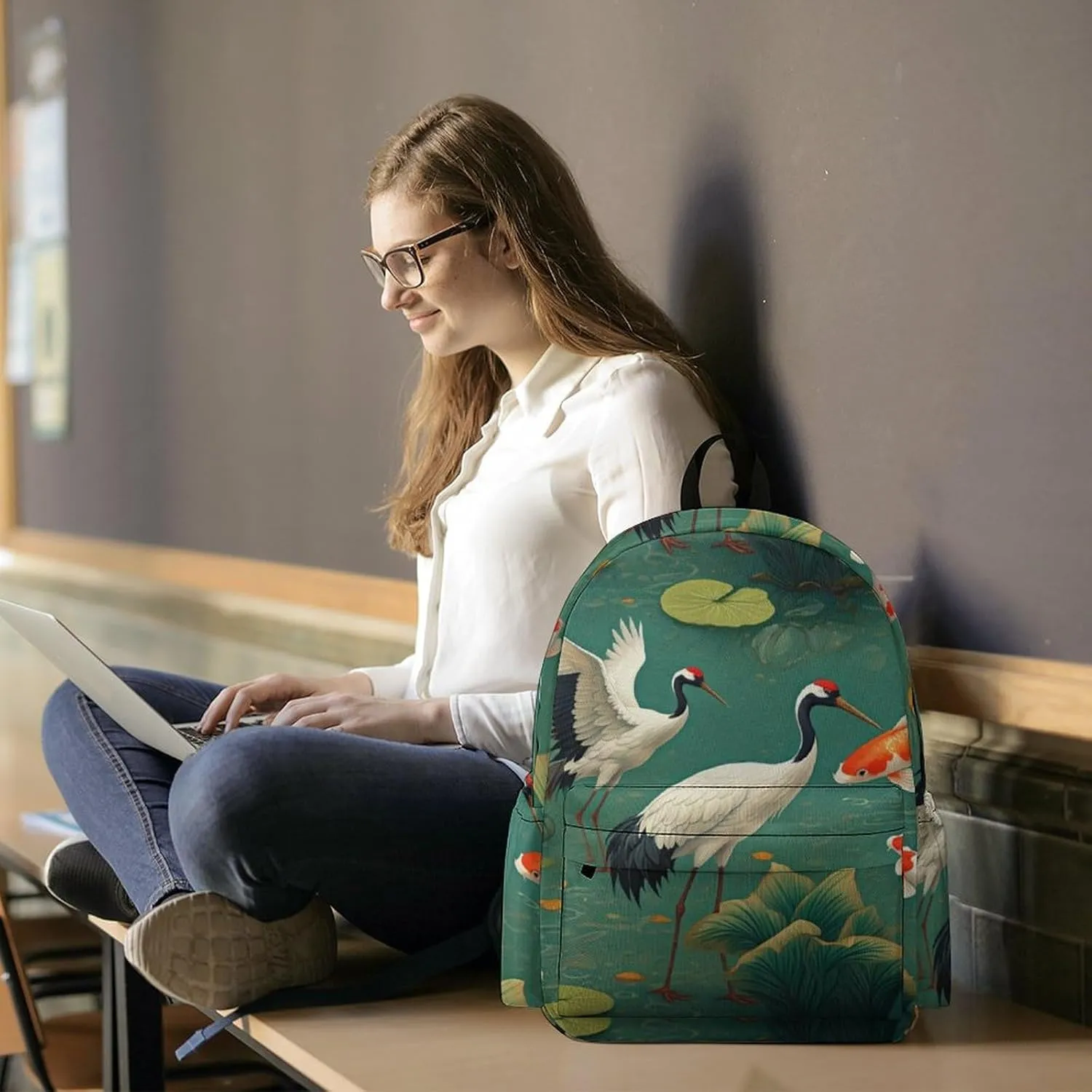 Laptop Backpack for Men Women Japanese Cranes Koi Travel Work Backpack with Compartment Large Capacity Waterplants Dragonflies Daypack Business Work Bag
