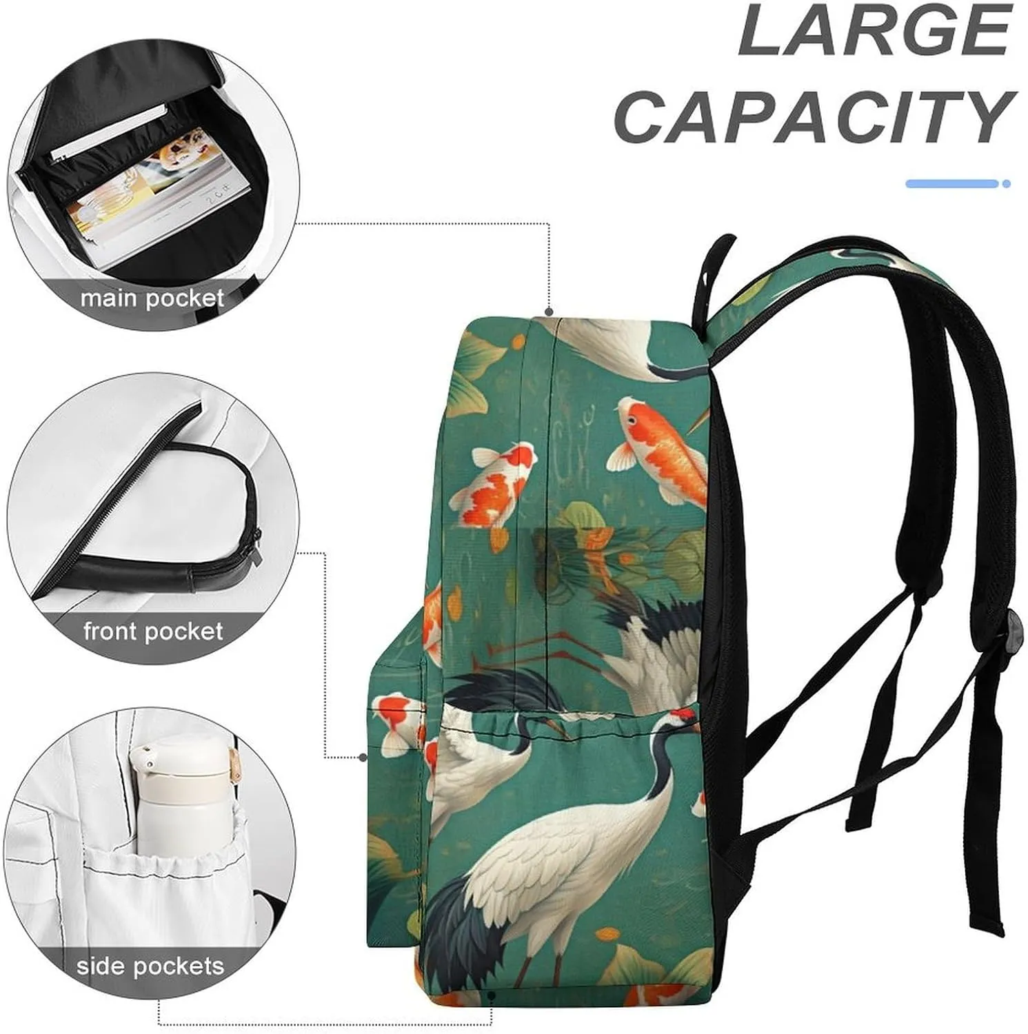 Laptop Backpack for Men Women Japanese Cranes Koi Travel Work Backpack with Compartment Large Capacity Waterplants Dragonflies Daypack Business Work Bag