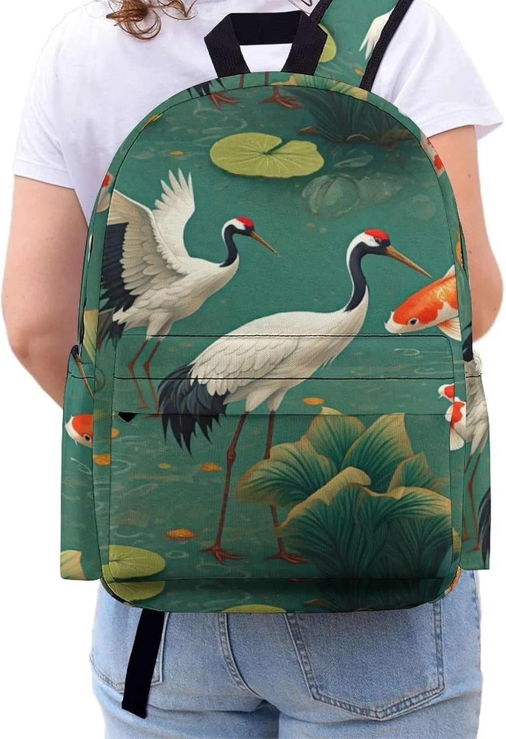 Laptop Backpack for Men Women Japanese Cranes Koi Travel Work Backpack with Compartment Large Capacity Waterplants Dragonflies Daypack Business Work Bag