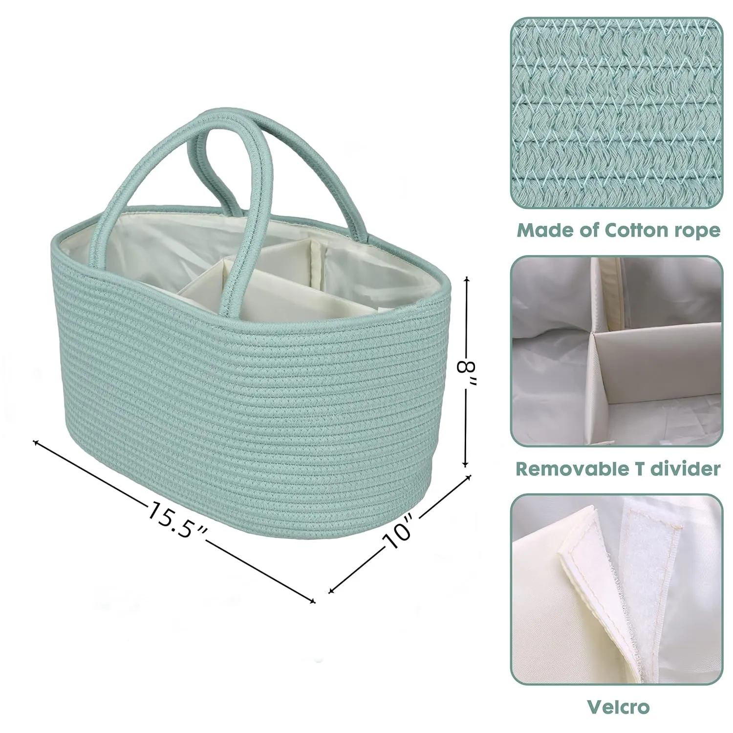 Large Baby Diaper Caddy Organizer for Girl Boy Rope Nursery Storage Bin Basket Portable Holder Tote Bag for Changing Table Car Travel Baby Shower Gifts Newborn Essentials Registry Must Have Green