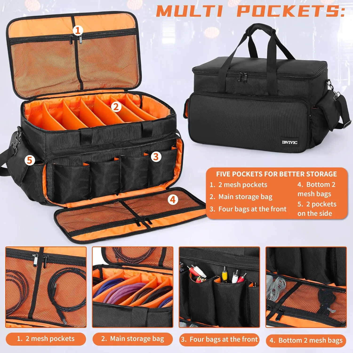 Large Gig Bag Cable File Bag With Adjustable Dividers Dj Cable Gig Bag for Cables, Cords,DJ Gear,Musicians Accessories 20 inch
