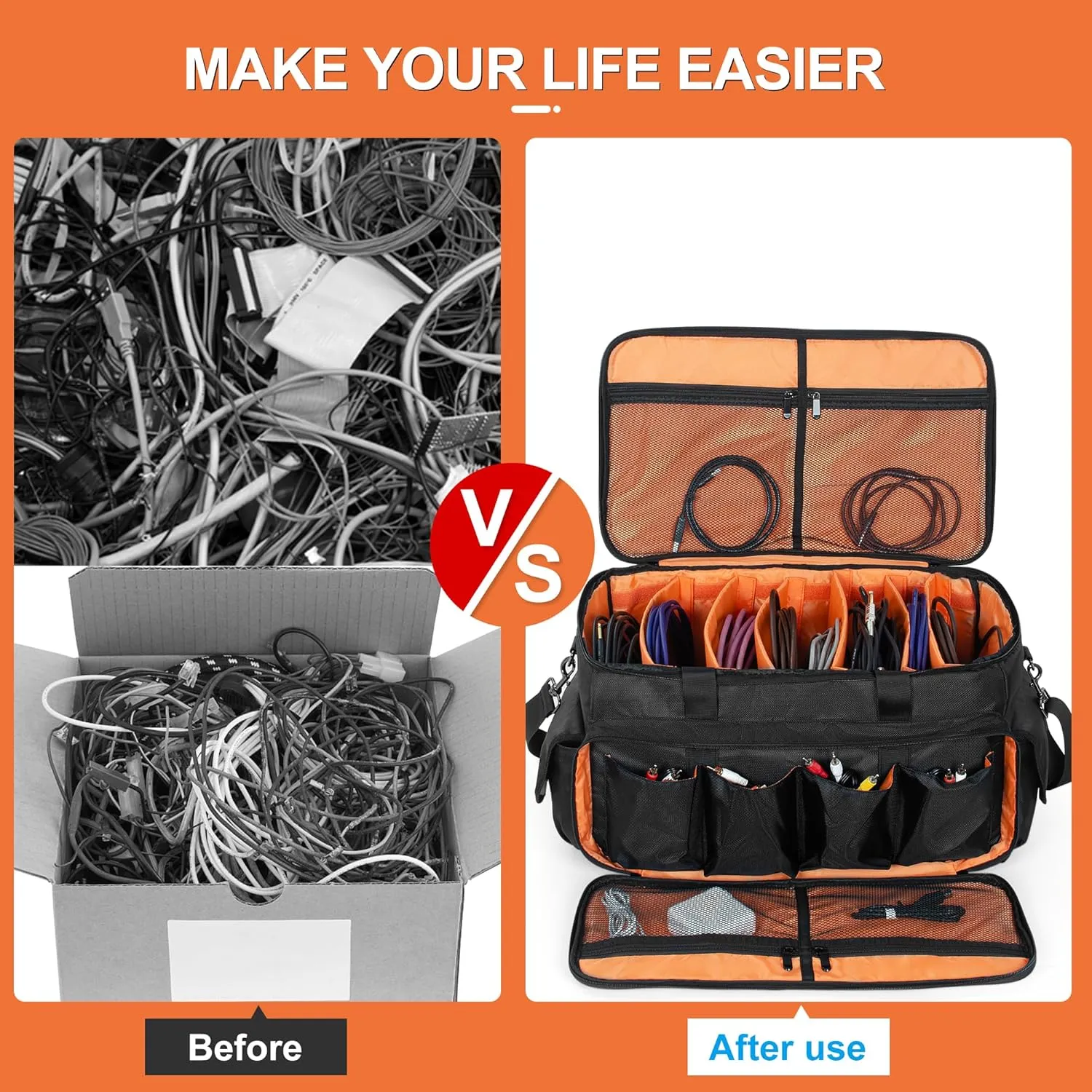 Large Gig Bag Cable File Bag With Adjustable Dividers Dj Cable Gig Bag for Cables, Cords,DJ Gear,Musicians Accessories 20 inch