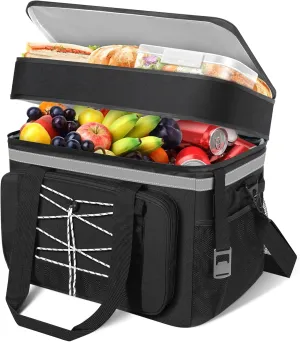 Large Insulated Cooler Bag Dual Compartments, 60 Cans Soft Collapsible Cooler Bag, Portable Waterproof Travel Black Lunch Cooler for Beach Camping Picnic, Beach, Work, Grocery Shopping (40L)