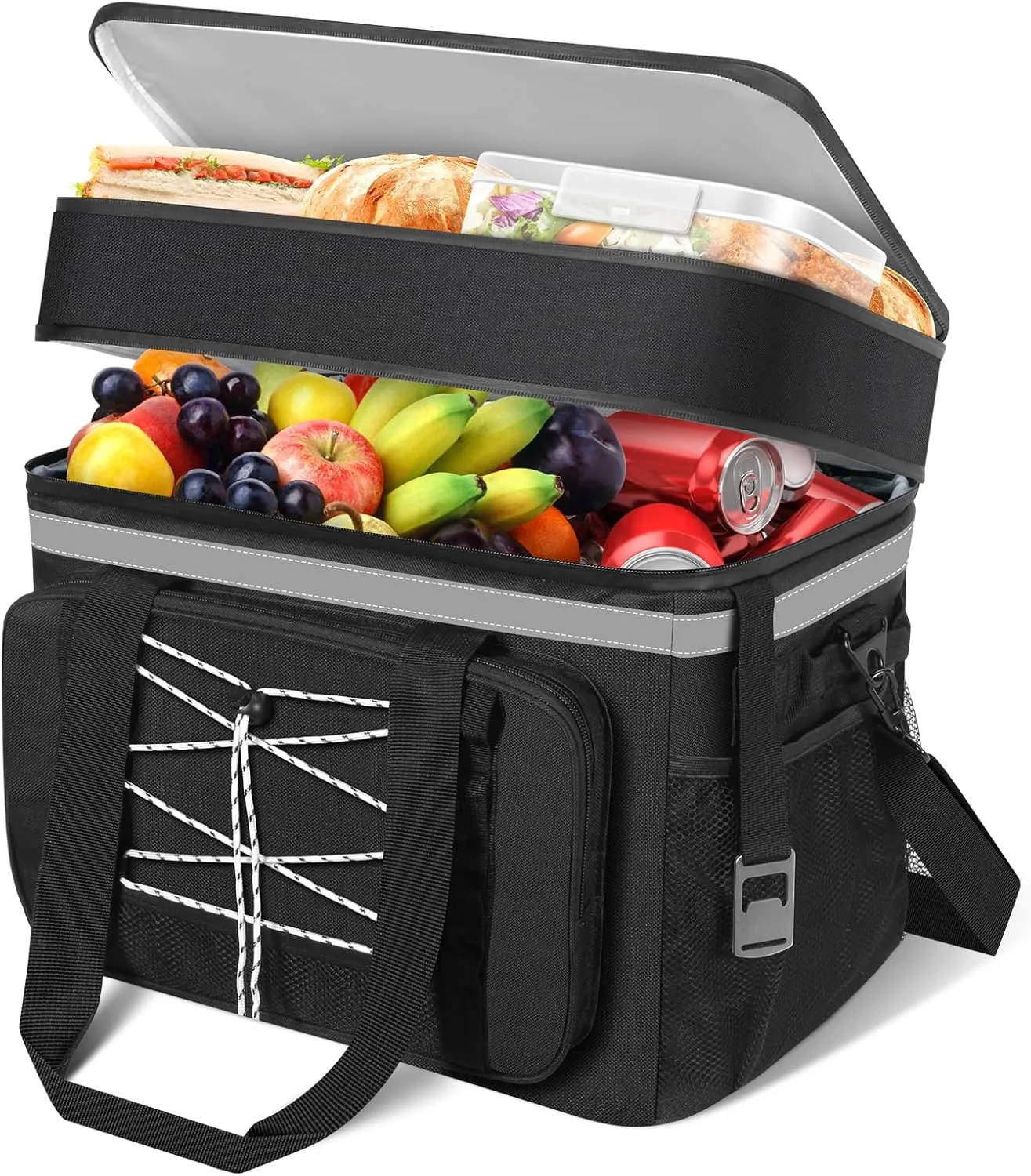 Large Insulated Cooler Bag Dual Compartments, 60 Cans Soft Collapsible Cooler Bag, Portable Waterproof Travel Black Lunch Cooler for Beach Camping Picnic, Beach, Work, Grocery Shopping (40L)
