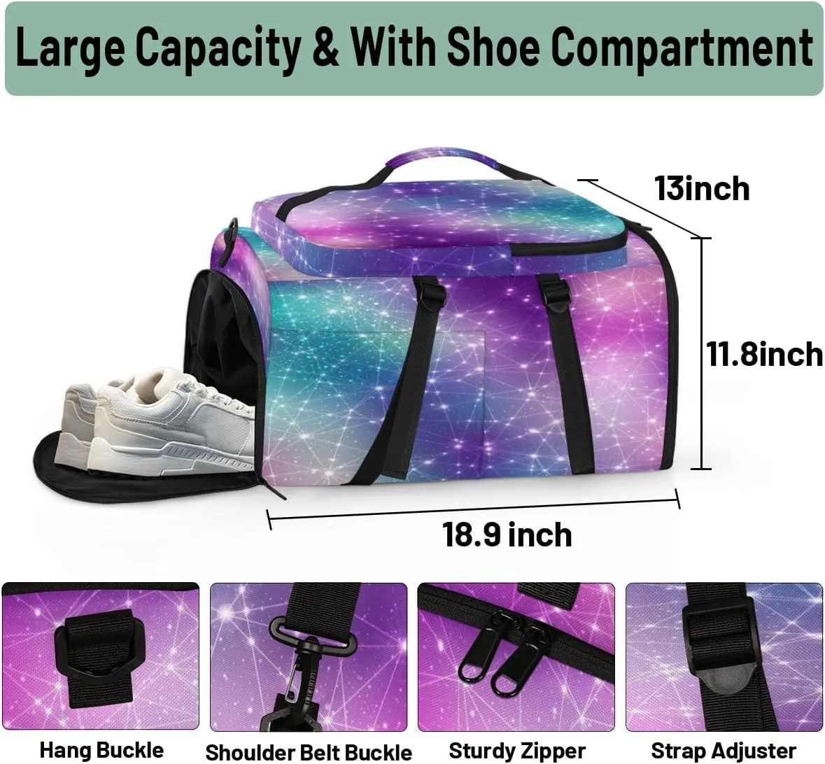 Large Sports Gym Bag With Shoe & Laptop Compartment 47L Waterproof Travel Duffel Bags for Men Women Galaxy Stars Luggage Backpack Duffle Bag